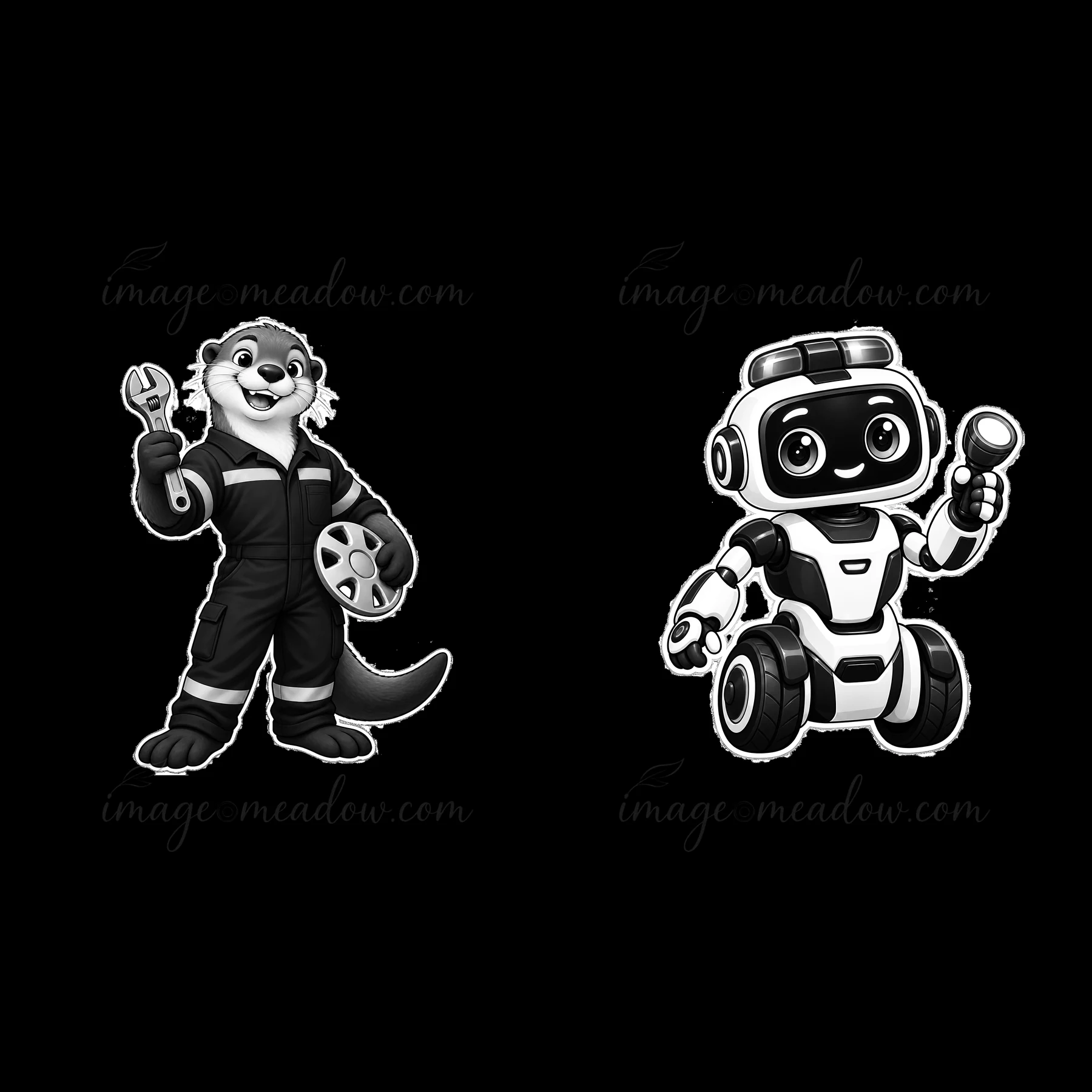 An otter dressed in a mechanic suit holds a wrench and a reel while a robot beside it displays a flashlight. The two characters appear to be working together in
