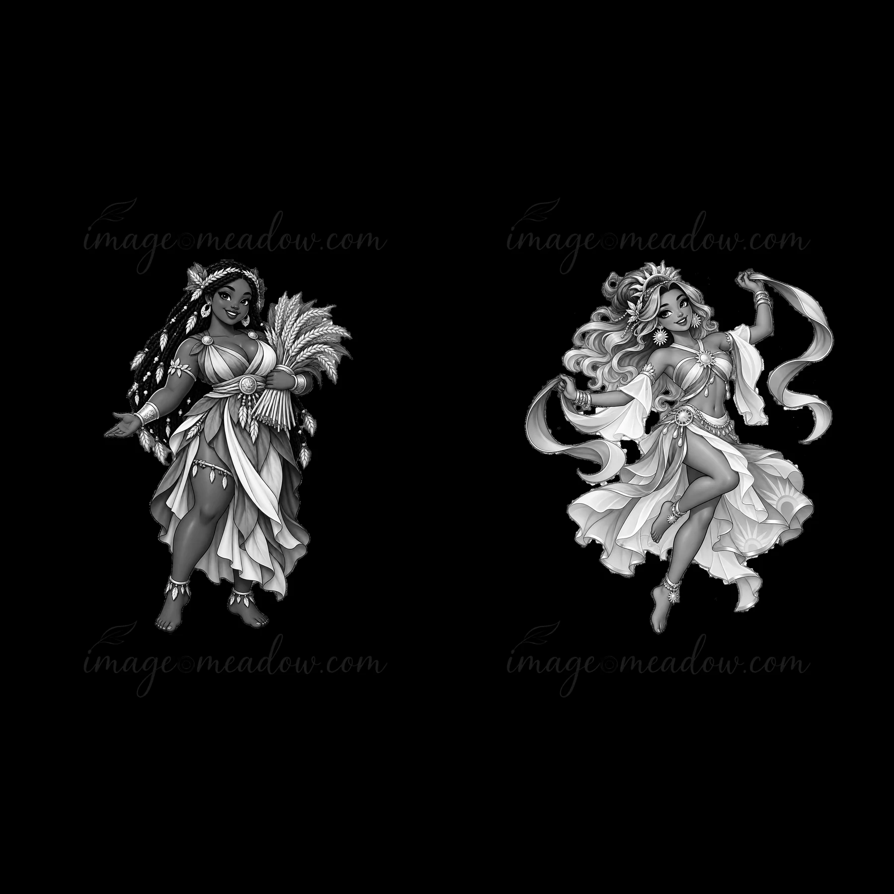 Two cartoon stickers depict pagan goddesses in a dynamic pose. The left goddess holds a bundle of leaves while the right goddess dances with flowing ribbons. Bo