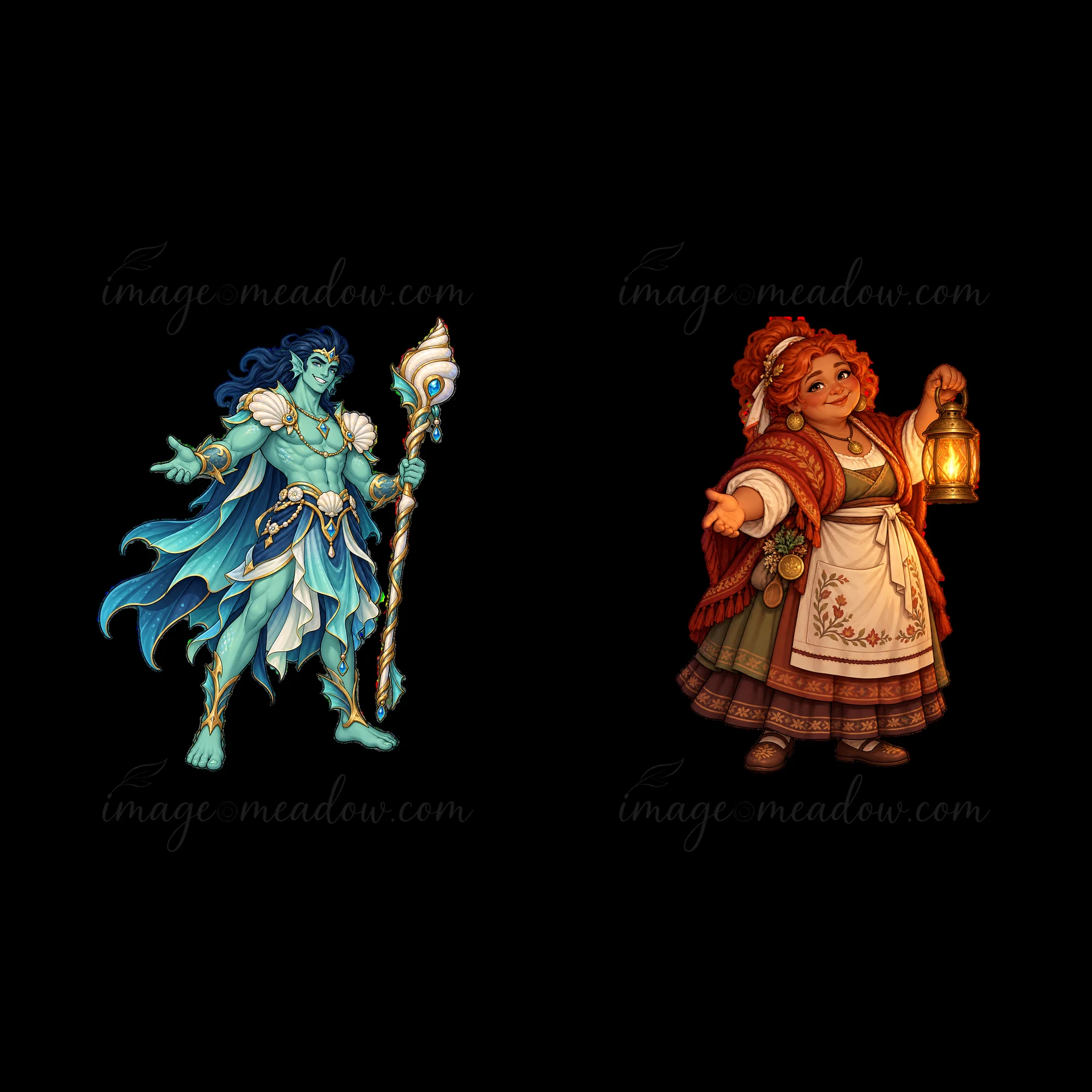 A blue-skinned god stands holding a staff on the left. On the right, a woman with red hair holds a lantern and gestures with her free hand. Both characters expr
