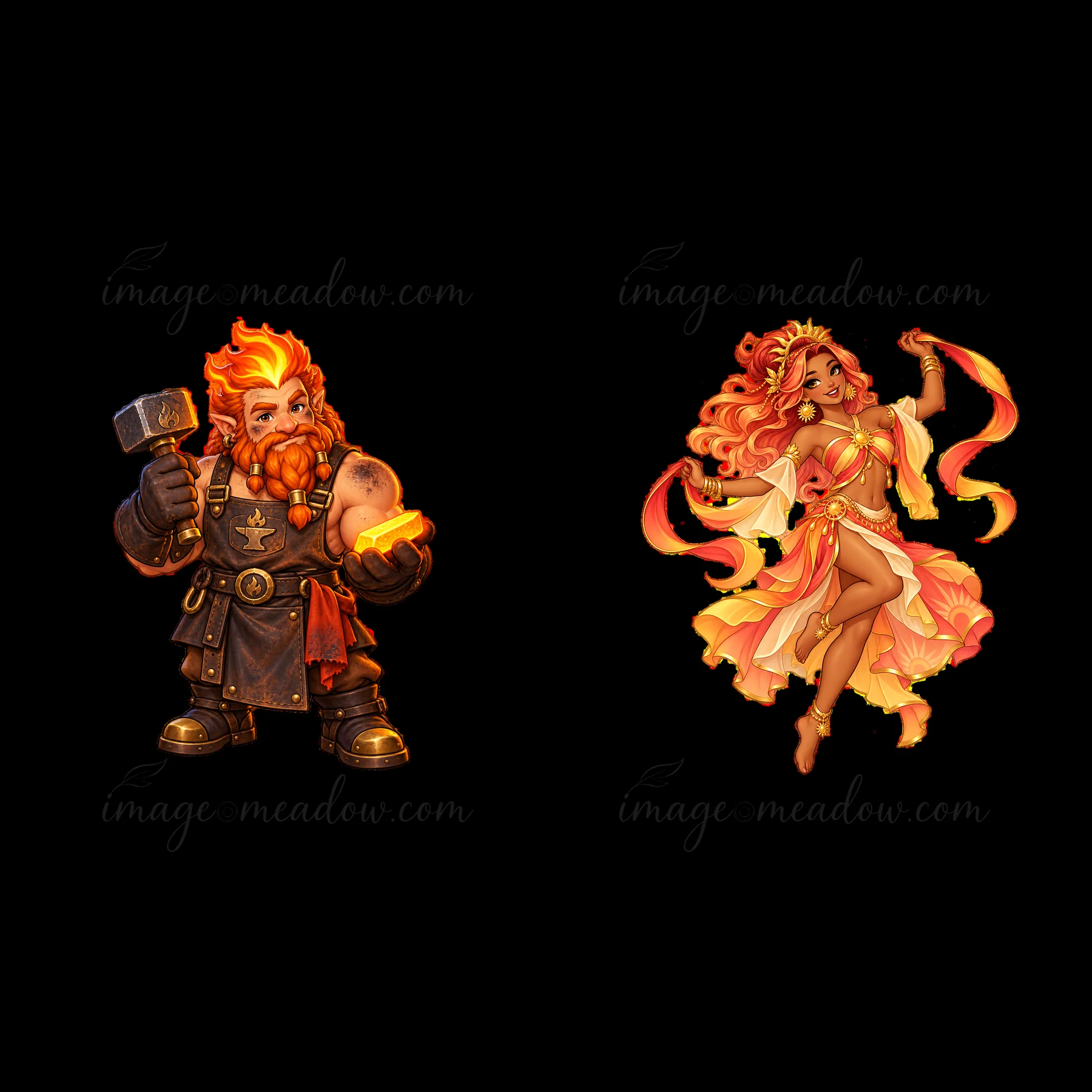 A dwarf with fiery hair holds a hammer in one hand and a glowing orb in the other. A goddess with flowing hair dances gracefully, adorned in a flowing gown with