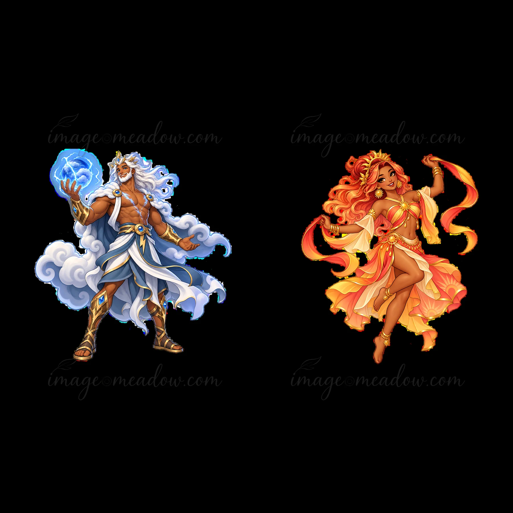 Two cartoon stickers depict a male god with storm clouds and lightning, and a female goddess in flowing flames. They represent elemental forces in a bright styl