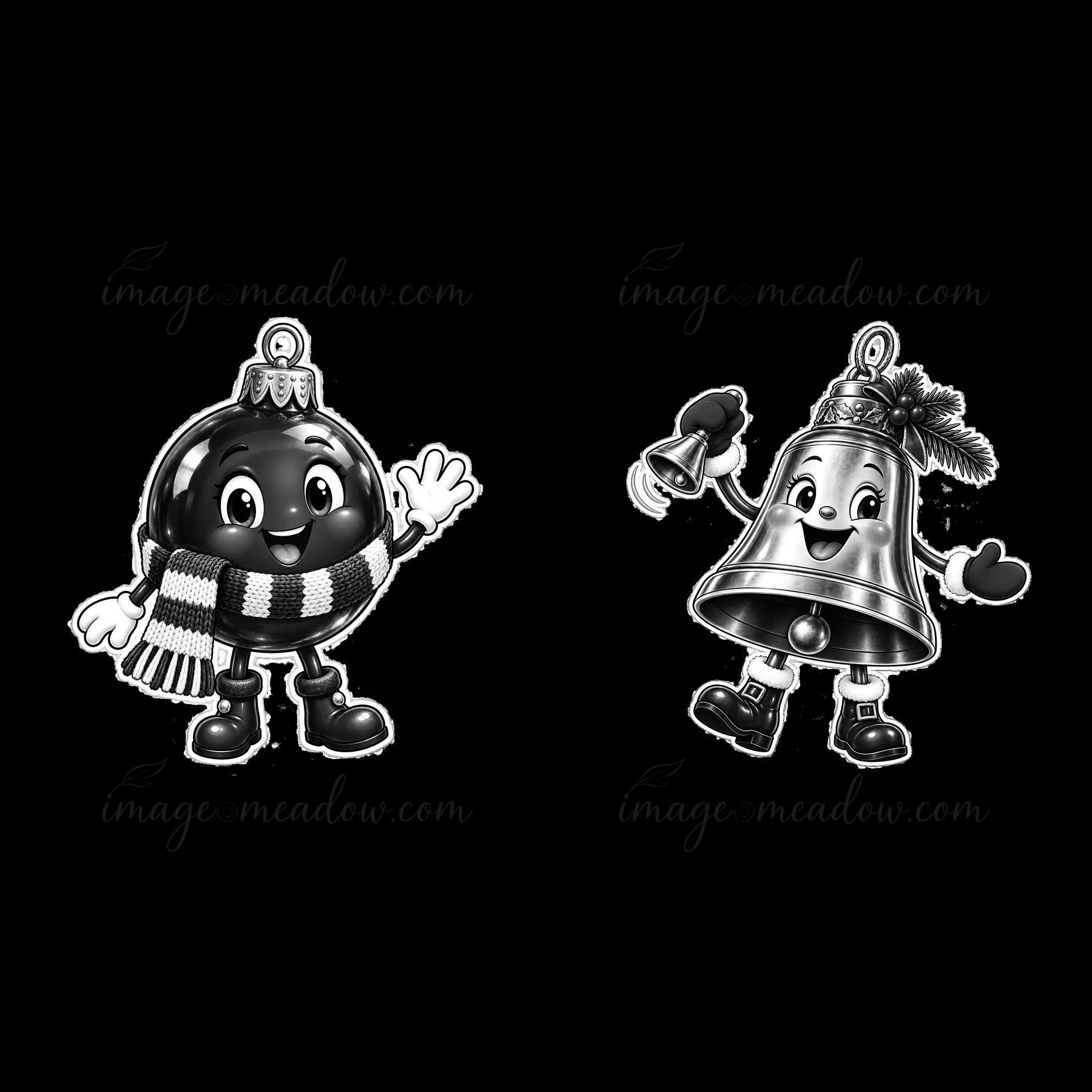 Two cartoon ornaments feature a smiling black ball wearing a striped scarf and a cheerful bell holding a flashlight. The scene captures the festive spirit durin