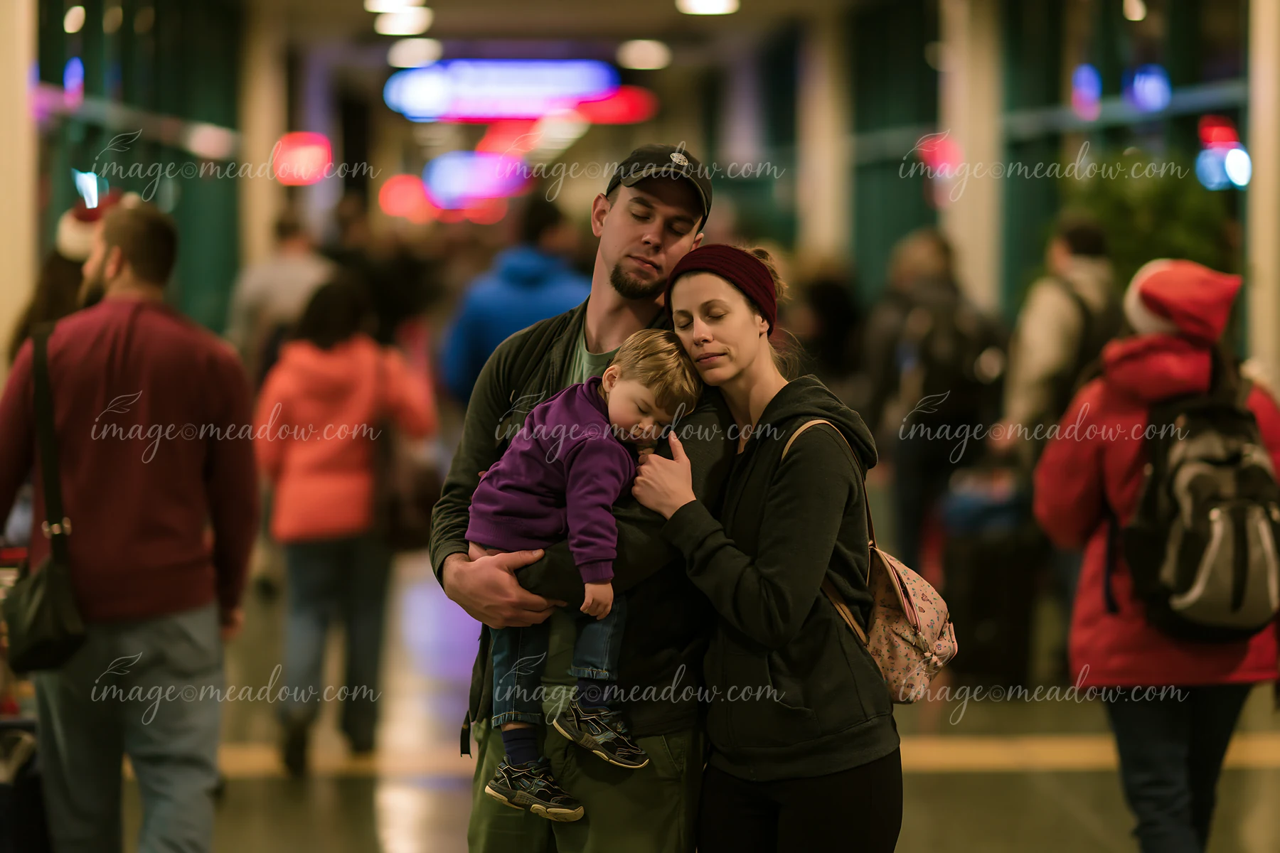 Parents carry a sleeping child through a warmly lit indoor public space with blurred travelers and festive lights.