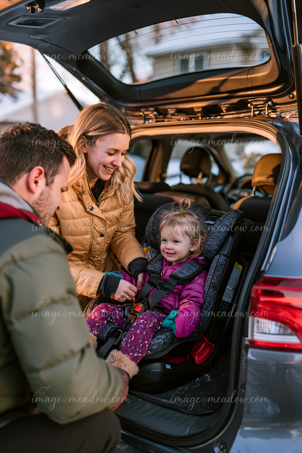 Parents secure a toddler in a child safety seat inside an open vehicle during winter travel preparation.
