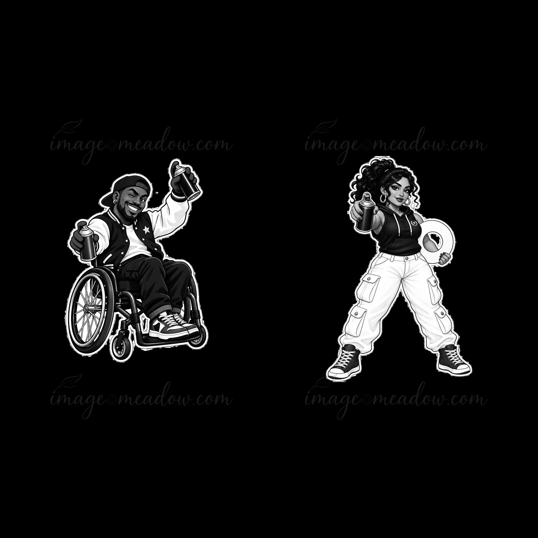 Two characters are featured spraying graffiti with spray cans. One character sits in a wheelchair while the other stands holding a spray can. The setting captur