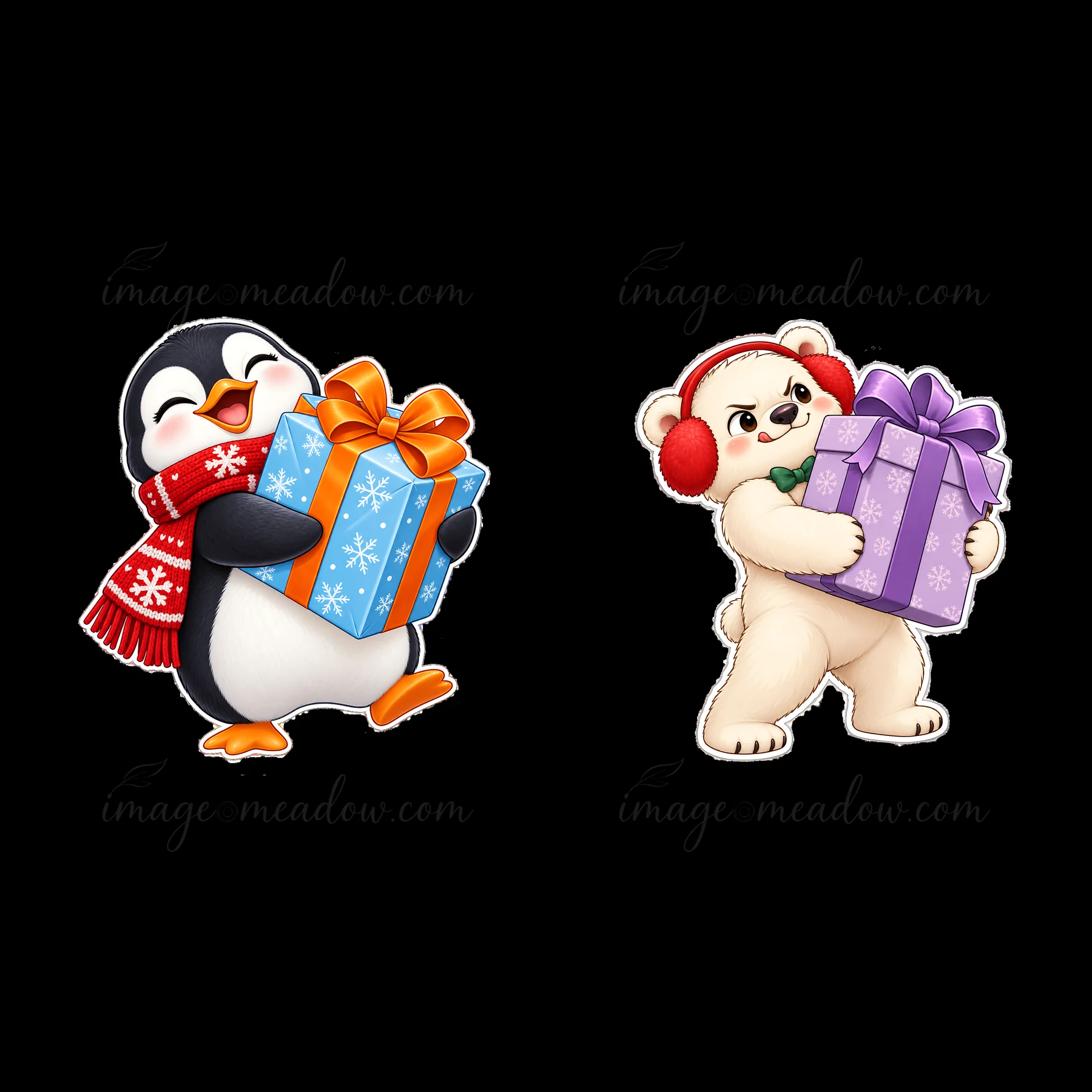 A cheerful penguin and a determined polar bear hold colorful Christmas presents. The penguin, wearing a red scarf, has a blue gift with an orange bow, while the