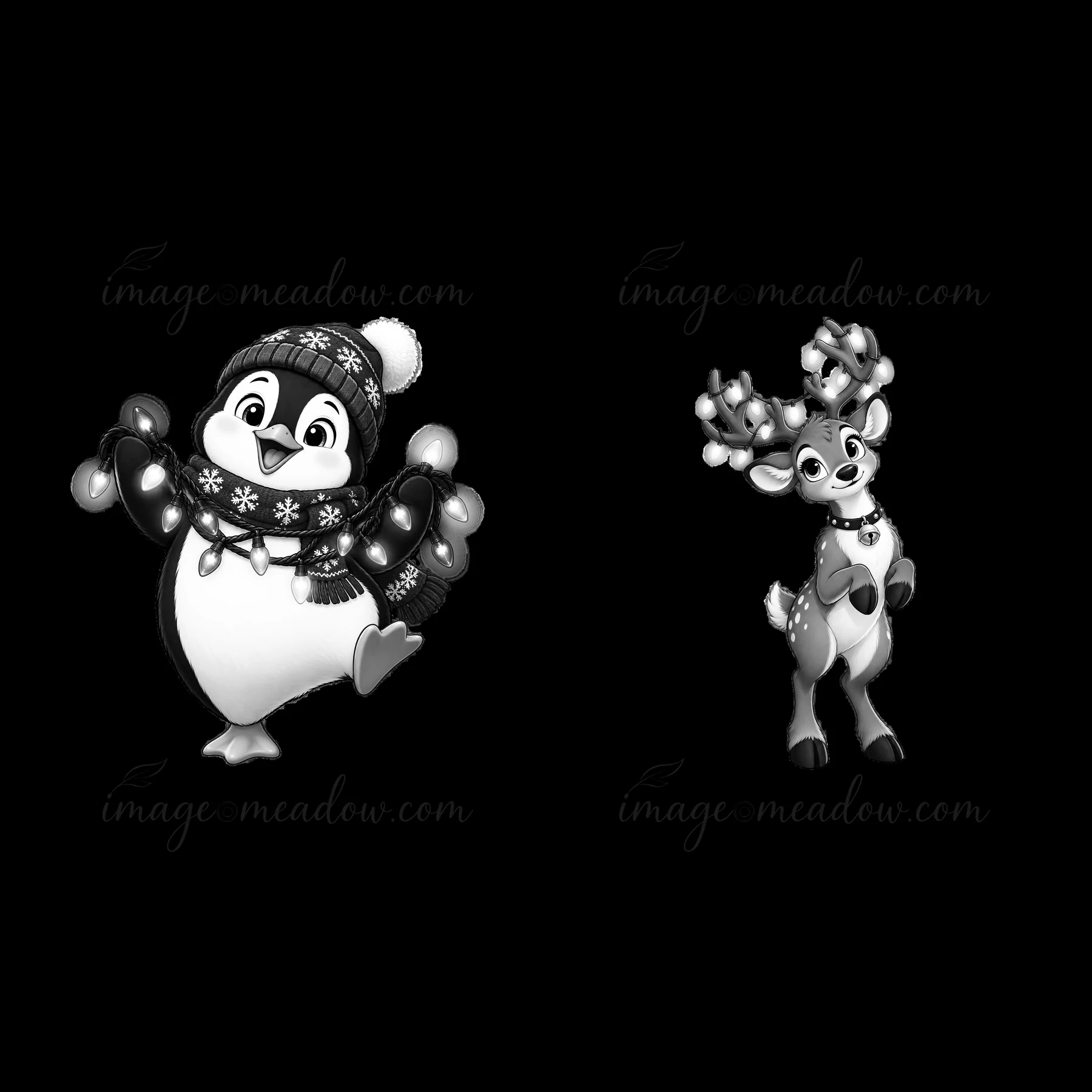 A joyful penguin wearing a hat and scarf holds string lights while a reindeer stands nearby. Both characters are celebrating the winter season in a festive styl