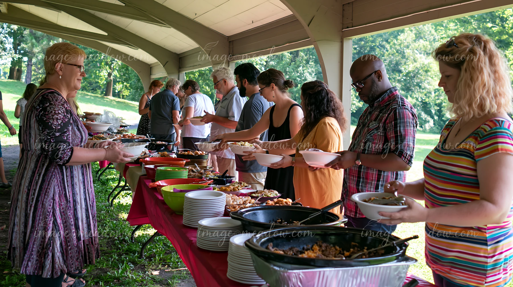 People line up at a buffet table during a church gathering in a park.