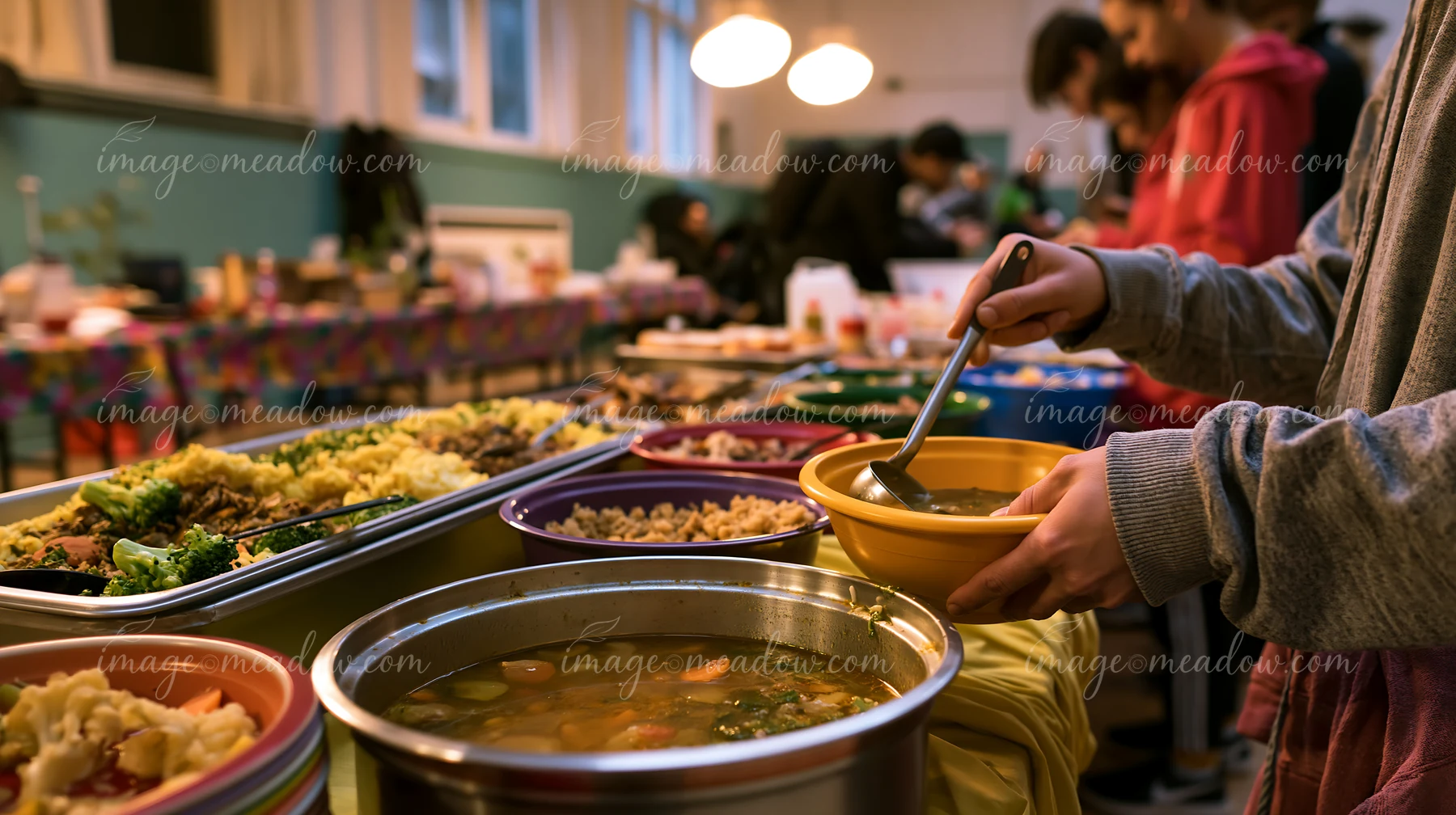 People serve food at a zero waste buffet table with multiple dishes in a community dining setting.