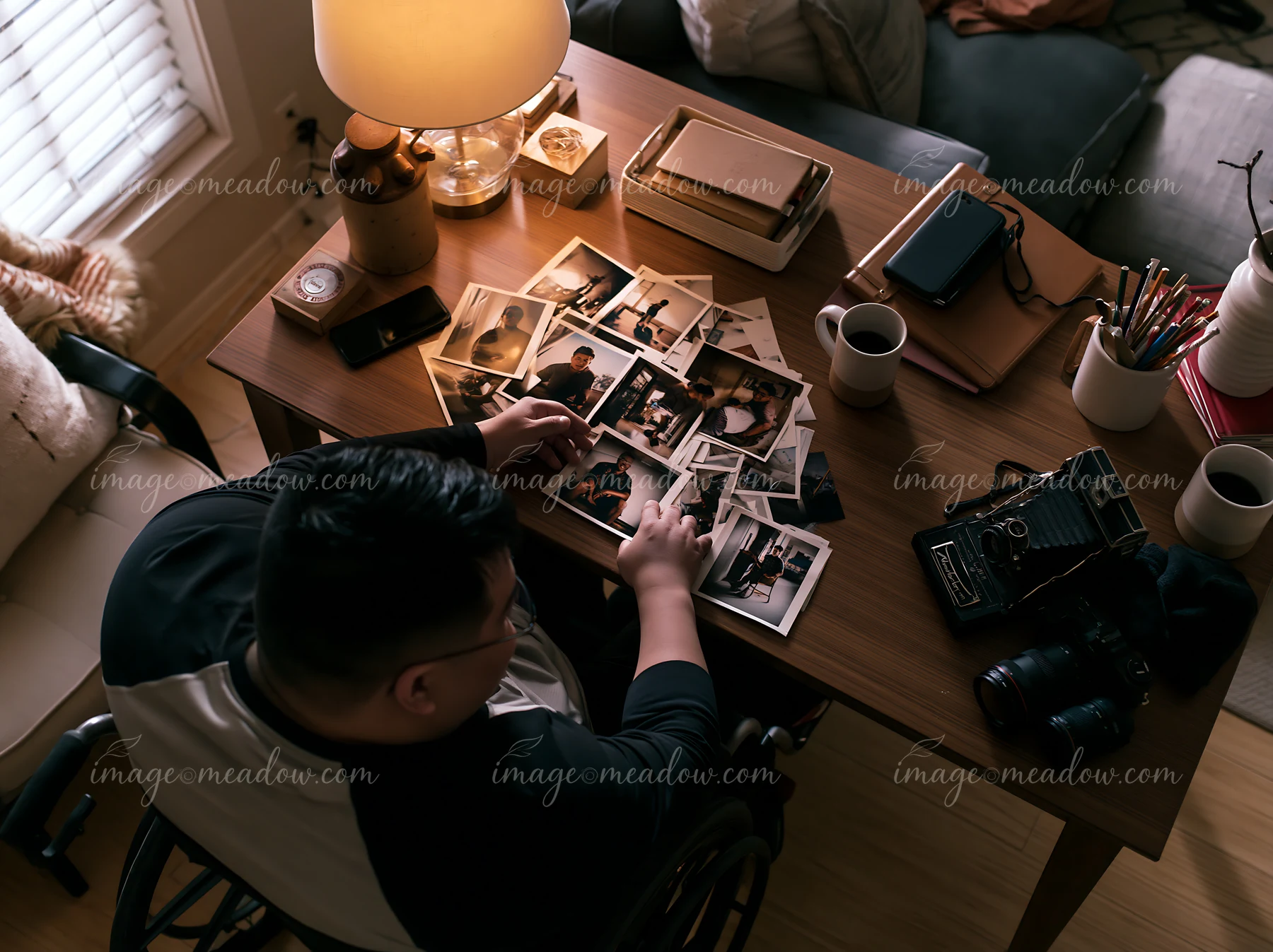 Person in a wheelchair sorts printed photographs at a warmly lit desk surrounded by stationery and camera equipment.