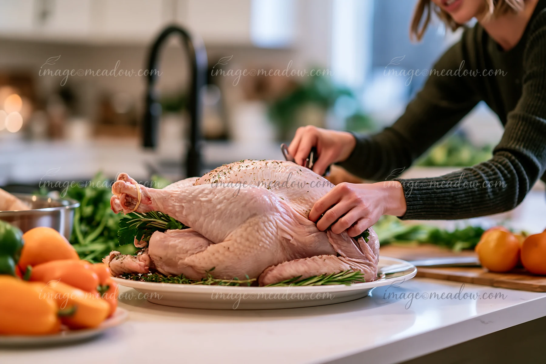 Person prepares a seasoned whole turkey on a platter in a bright kitchen.