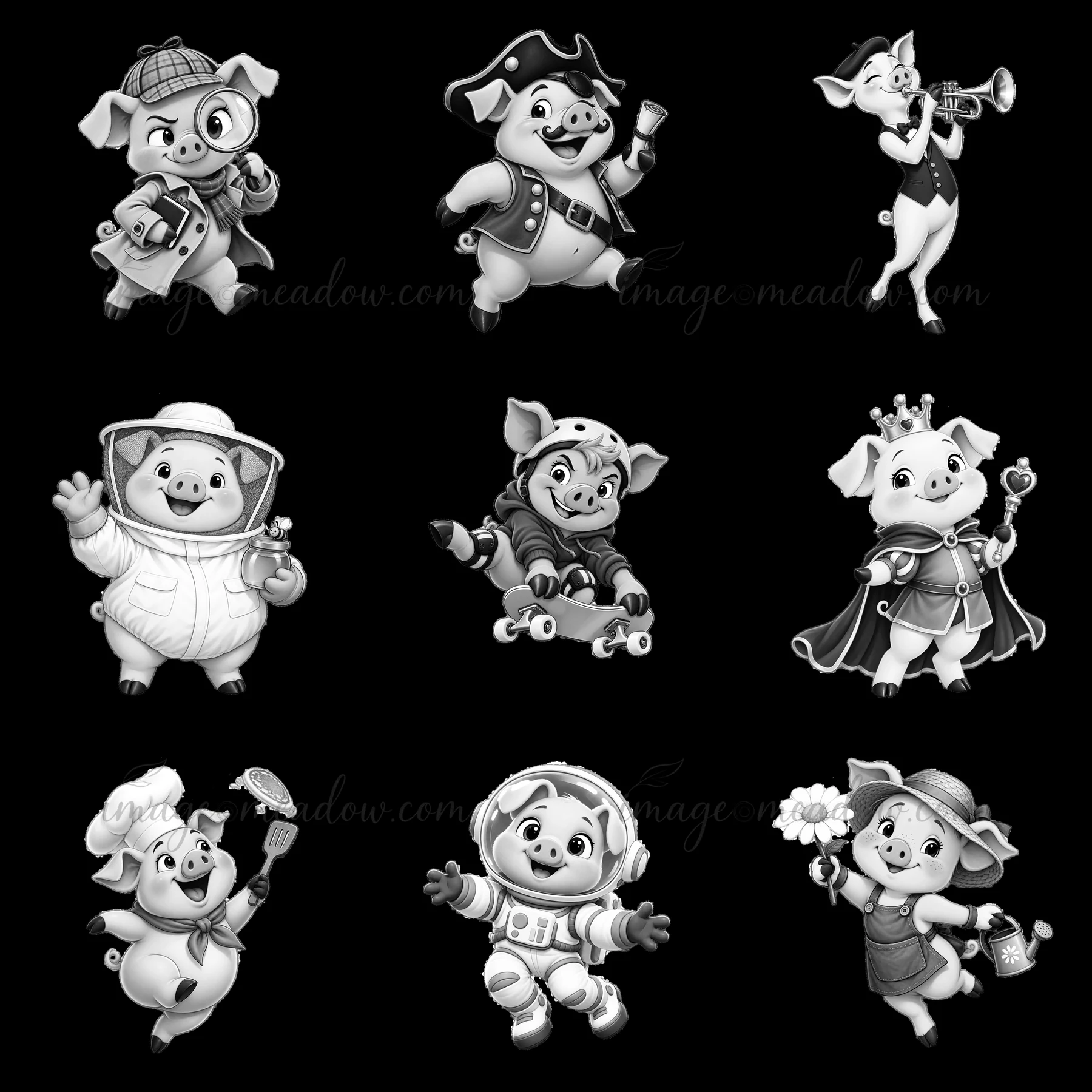 Nine cartoon pig characters are shown in a 3x3 grid, each wearing different outfits and engaging in various activities. The pigs are drawn in monochrome, showin