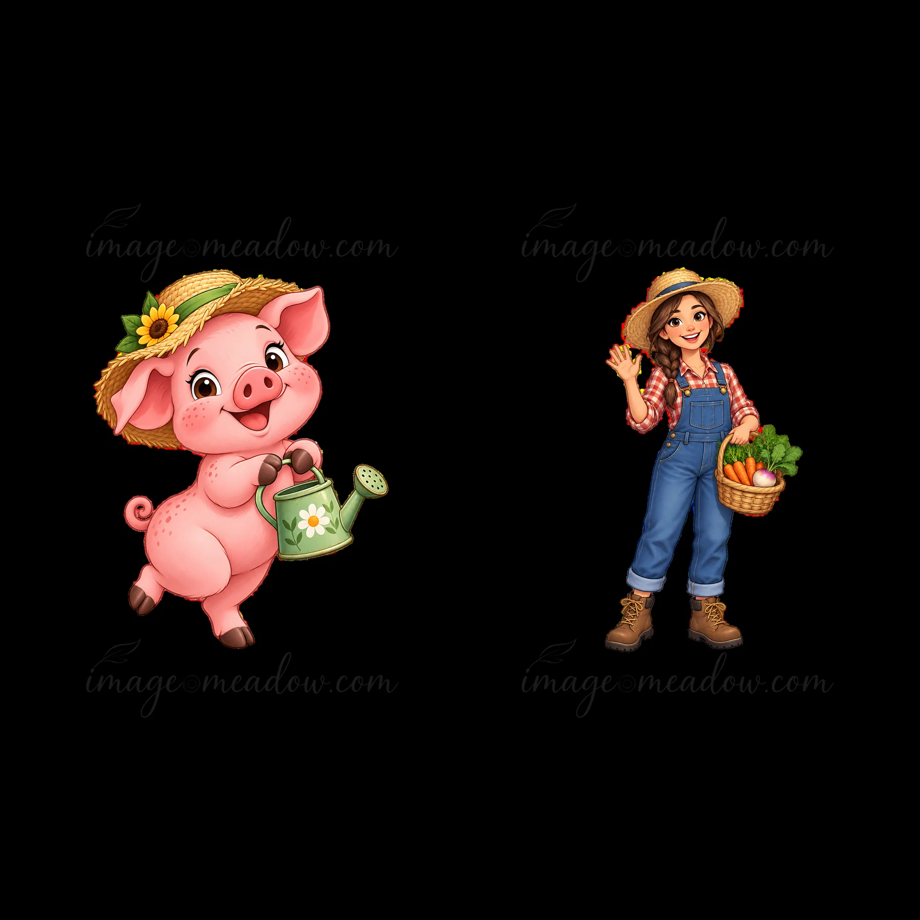 A cartoon pig holds a watering can and smiles. Next to it, a farmer girl waves and holds a basket of vegetables. Both characters wear straw hats. They are set i