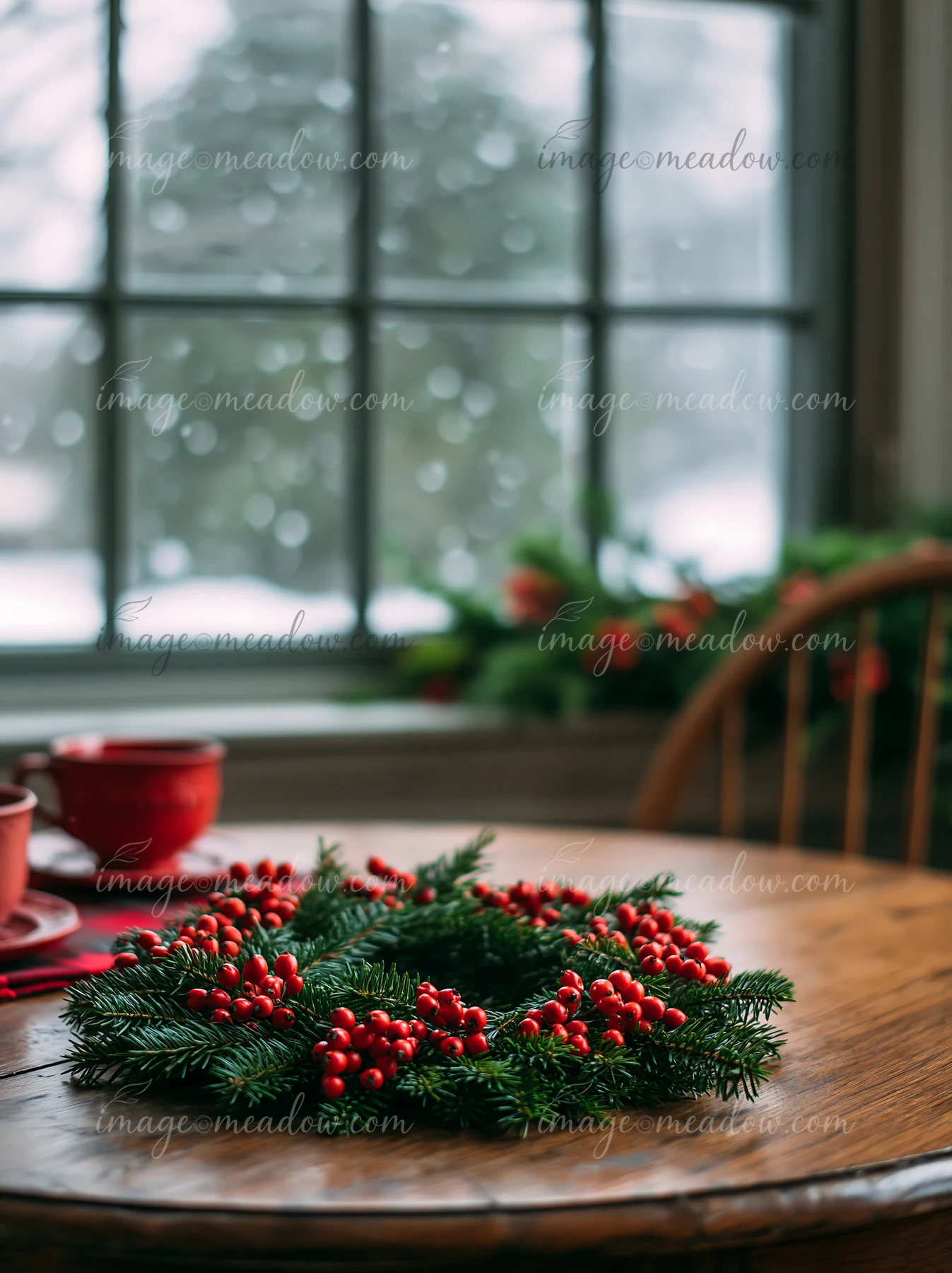 Pine wreath decorated with red berries rests on a wooden table beside red tableware.