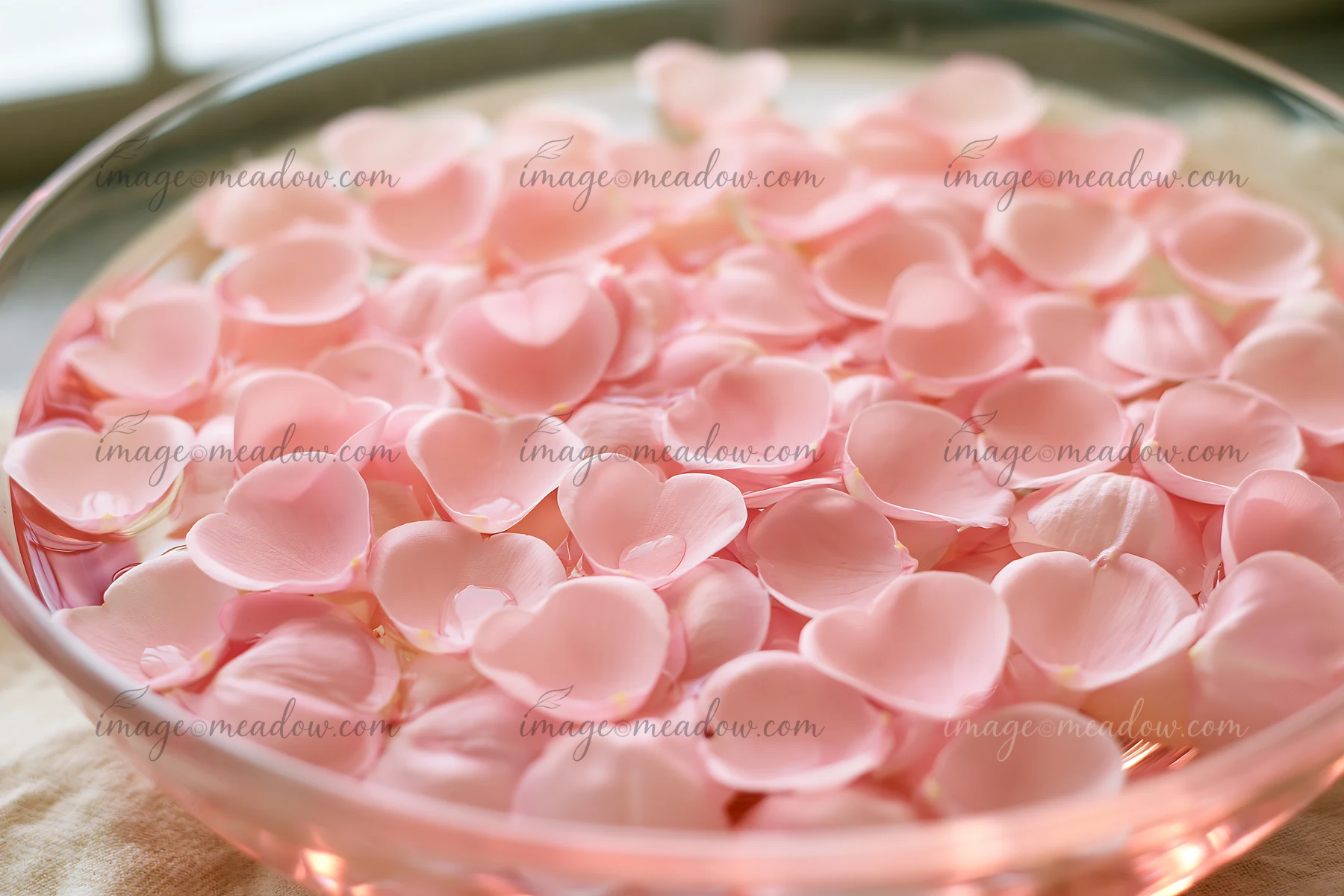 Pink heart-shaped flower petals are floating in a clear bowl of water, creating a visually appealing scene.