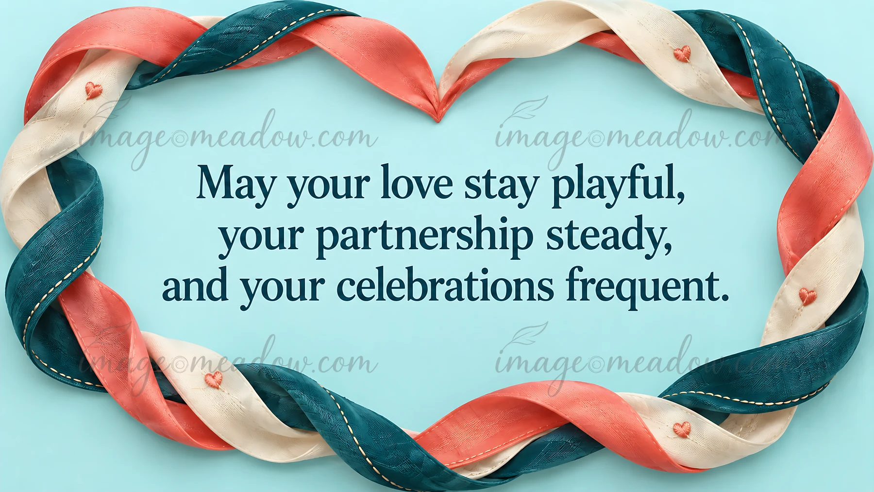 Wedding greeting illustration with the message “May your love stay playful, your partnership steady, and your celebrations frequent.” Interwoven teal, coral, an