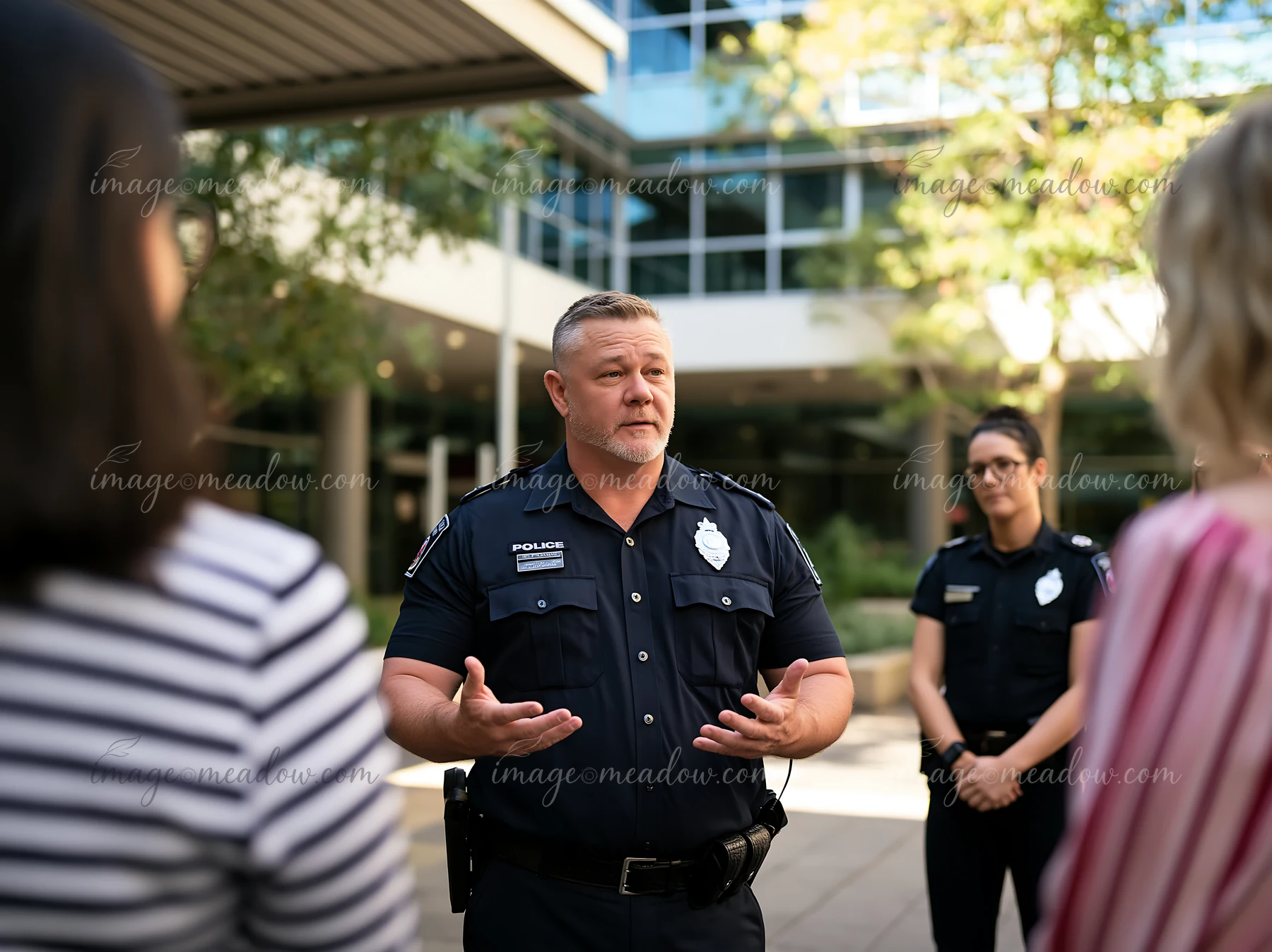 Police officer gestures while speaking with colleagues outside a modern office building.