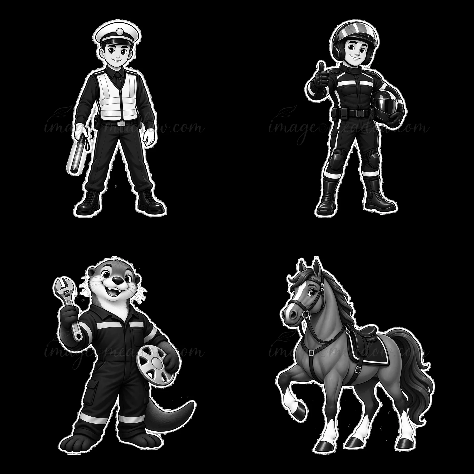 Four cartoon characters are arranged in a 2x2 grid. A police officer stands with a baton, a mechanic otter holds a wrench, a horse is saddled up, and a motorcyc