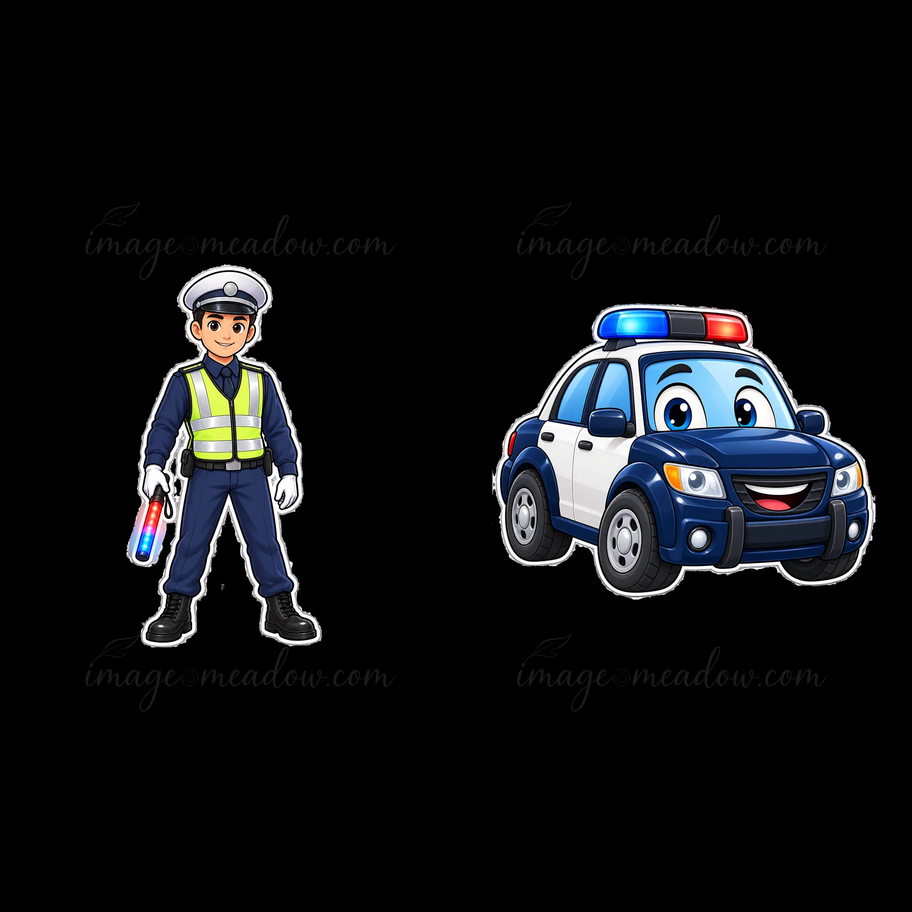 A police officer stands with a traffic control baton in hand next to a smiling police car. The officer wears a vest and cap while the vehicle has flashing light