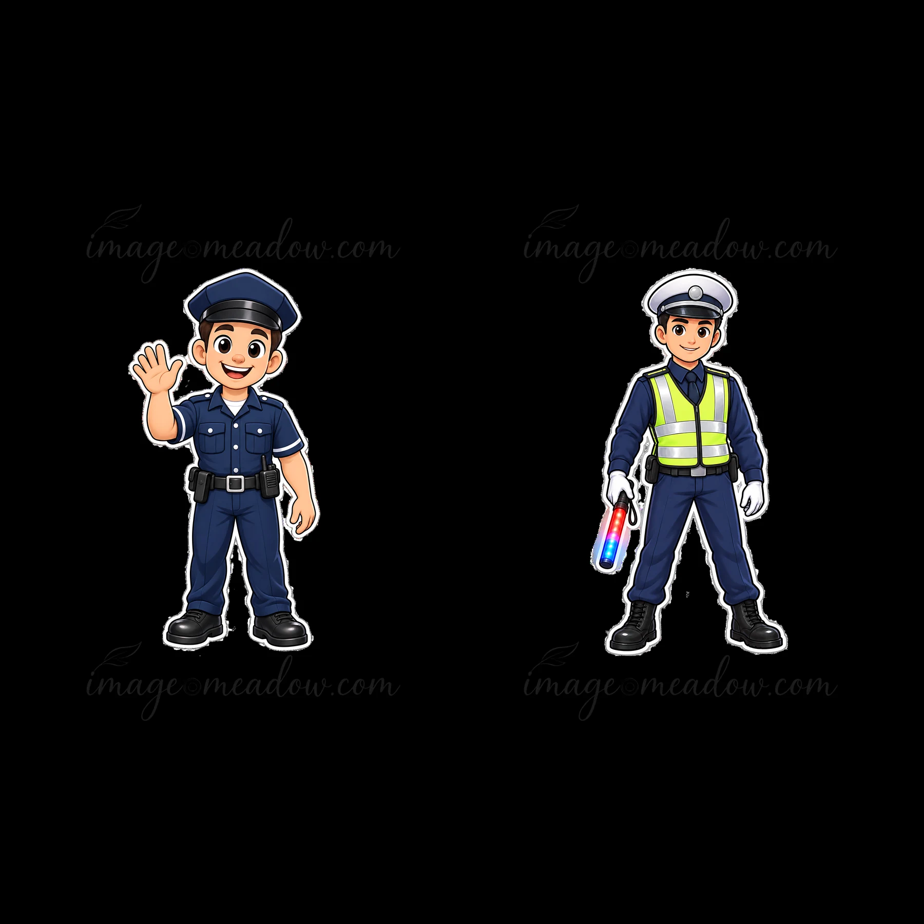 Two cartoon police officers are shown. The officer on the left waves with a friendly smile. The officer on the right holds a traffic baton, wearing a reflective
