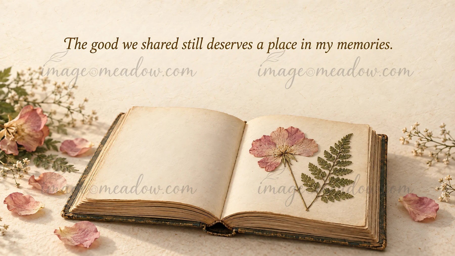 An open vintage book holds a pressed pink flower and fern beneath the message, “The good we shared still deserves a place in my memories.” Scattered petals and
