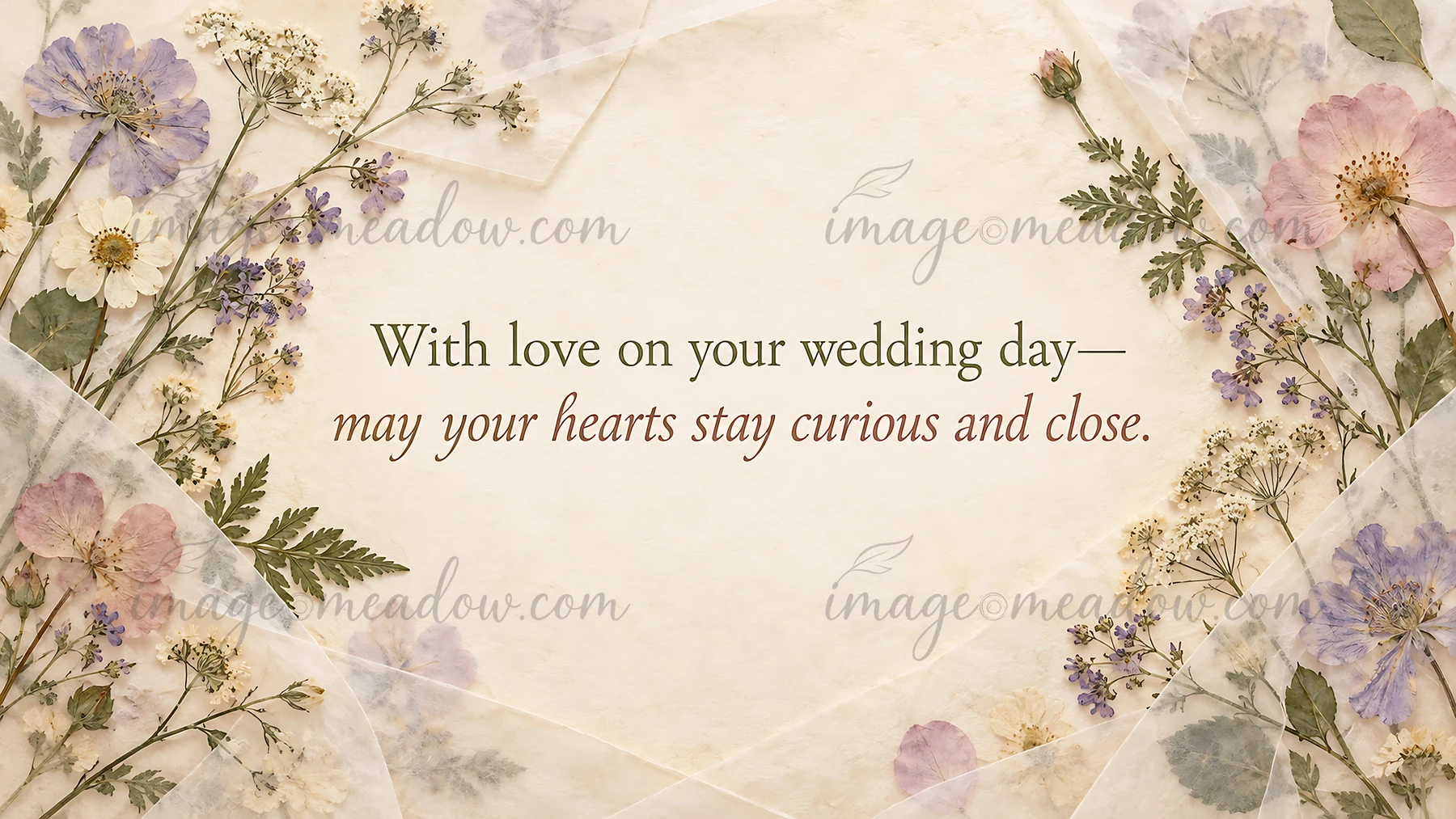 A cream paper wedding greeting framed by pressed purple and pink flowers, white blossoms, green foliage, and translucent paper layers. Centered text reads, “Wit