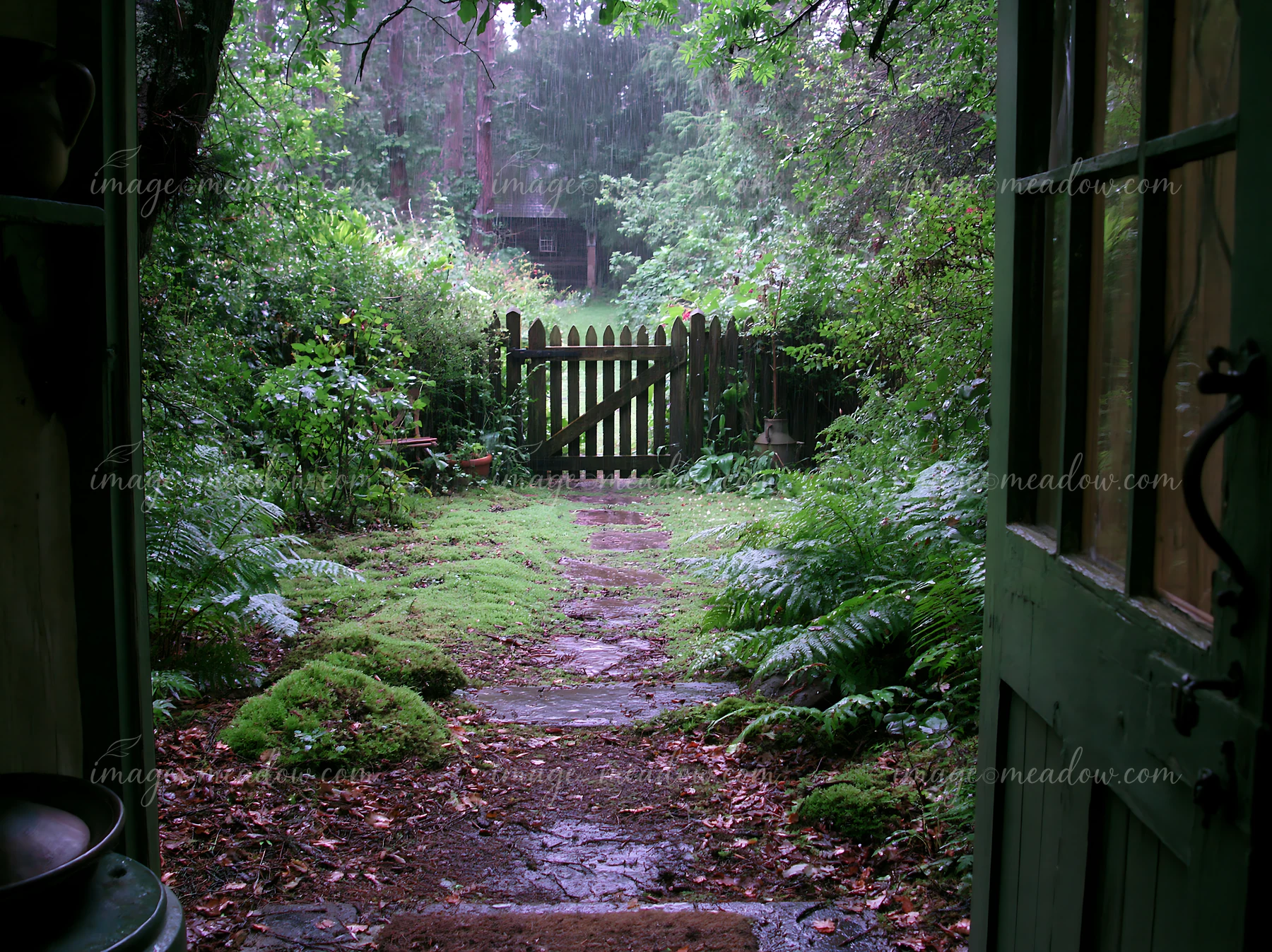 Rain falls steadily on the garden outside a timber cottage, creating puddles on the stone path.