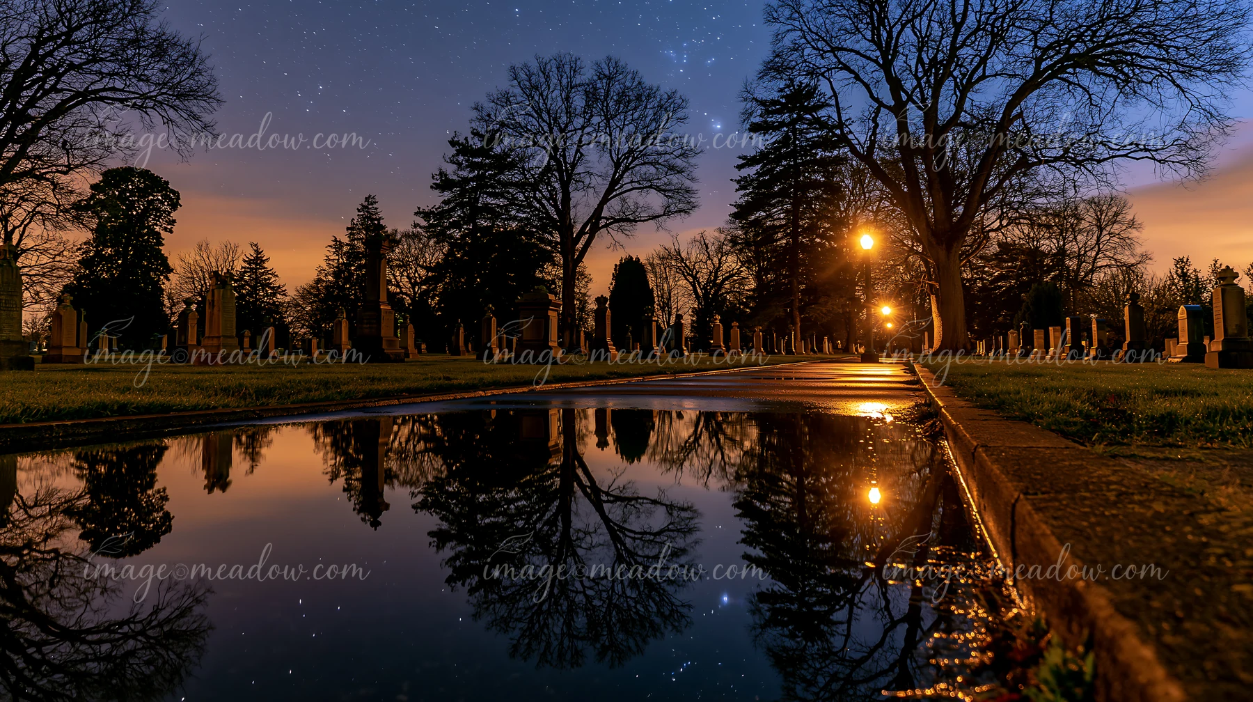 Rain-wet military gravestones under stars reflect the evening light as trees and cemetery markers fill the scene.