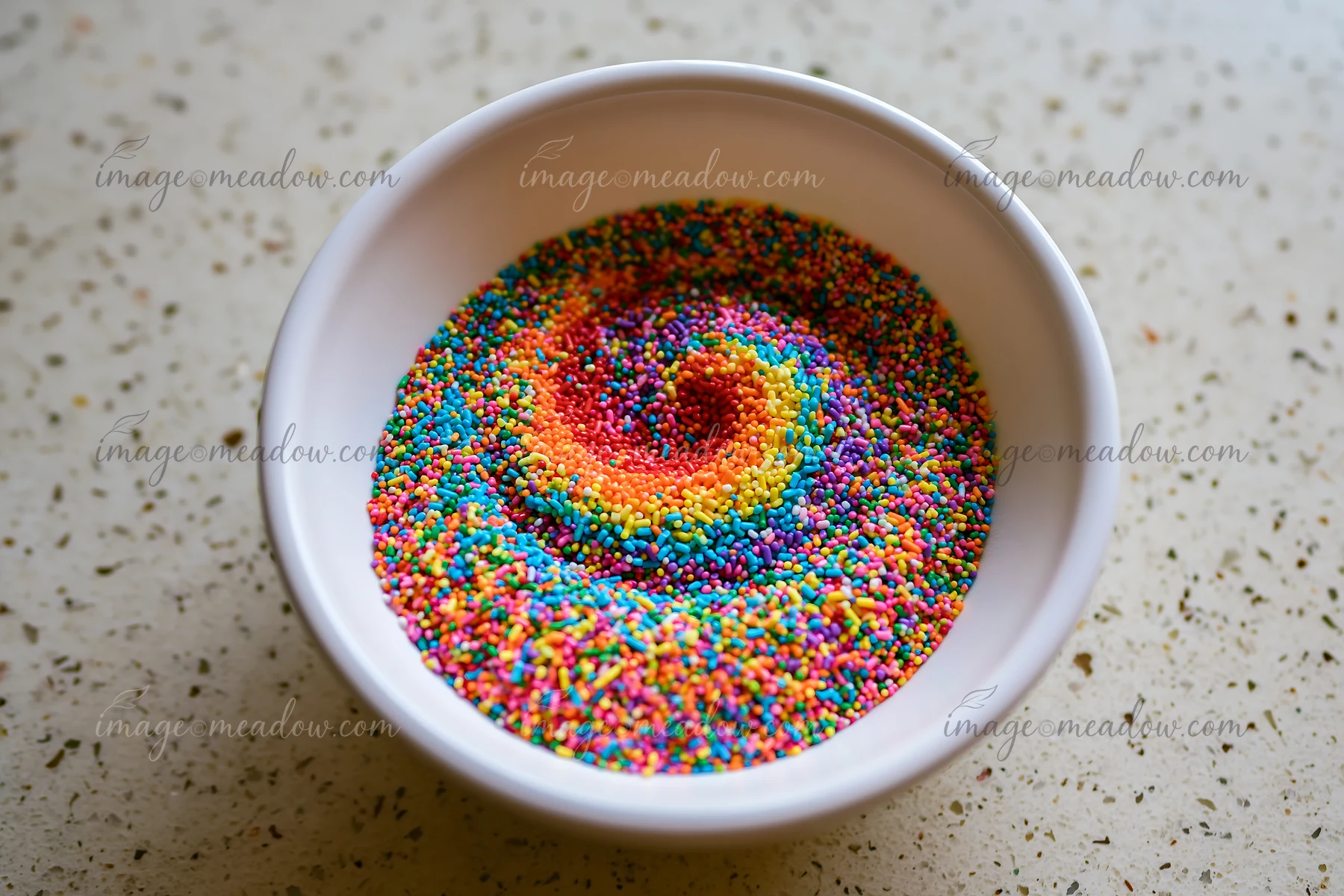 Rainbow sprinkles arranged in a swirl fill a white bowl set on a speckled countertop.