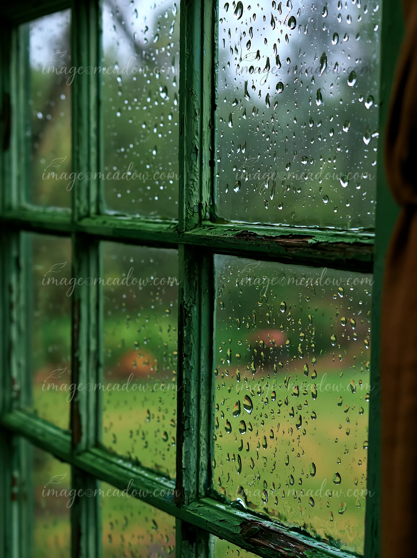 Raindrops cling to a rustic window pane framed in green, showing blurred greenery outside.