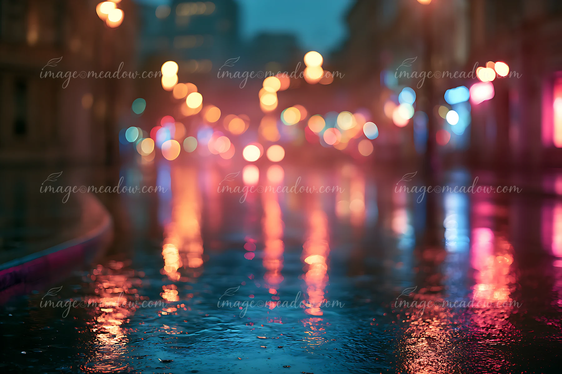 Raindrops create reflections on the wet pavement of a city street at night.