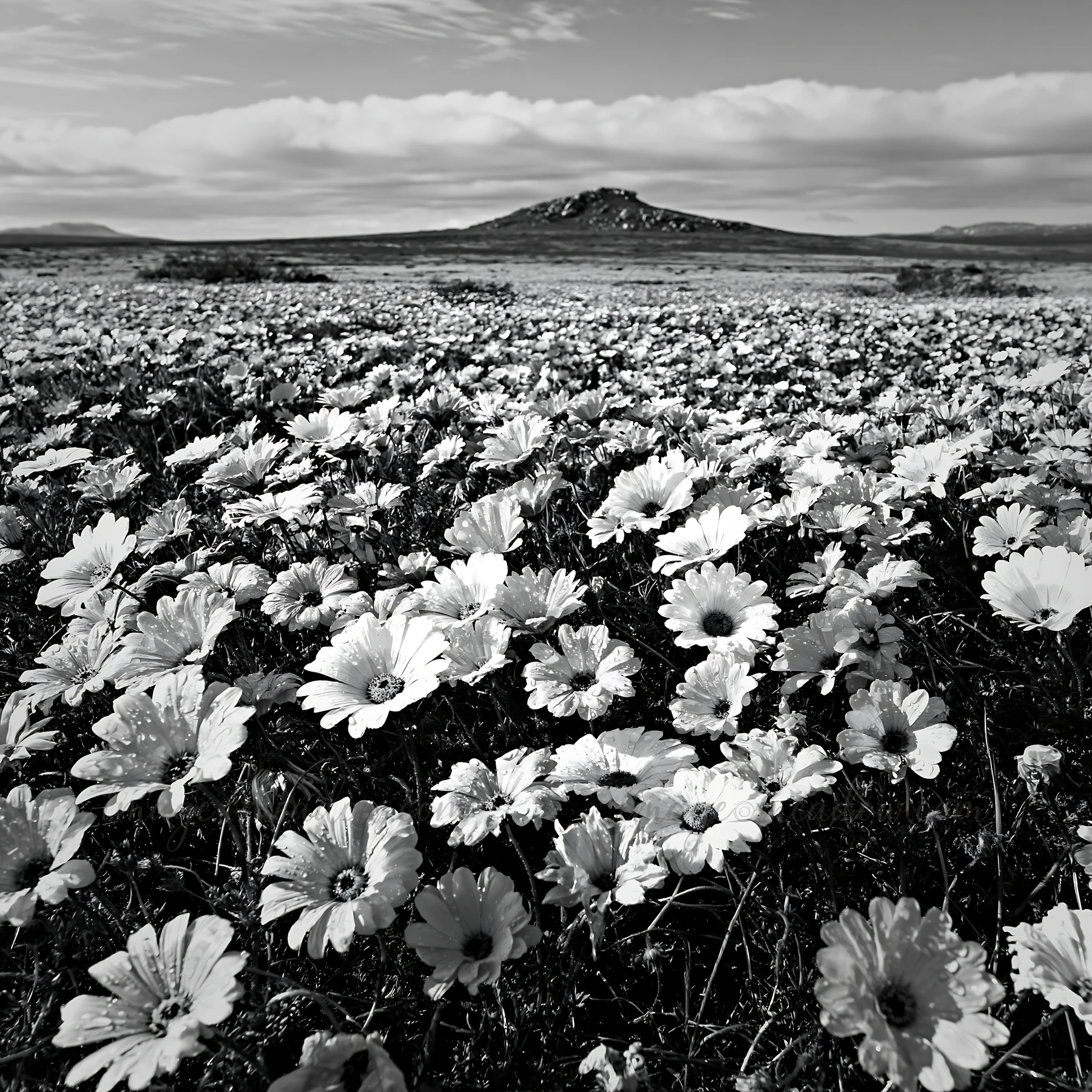 A meadow covered with vibrant orange and white wildflowers stretches across the landscape under a clear blue sky. The scene captures the freshness after rain. P