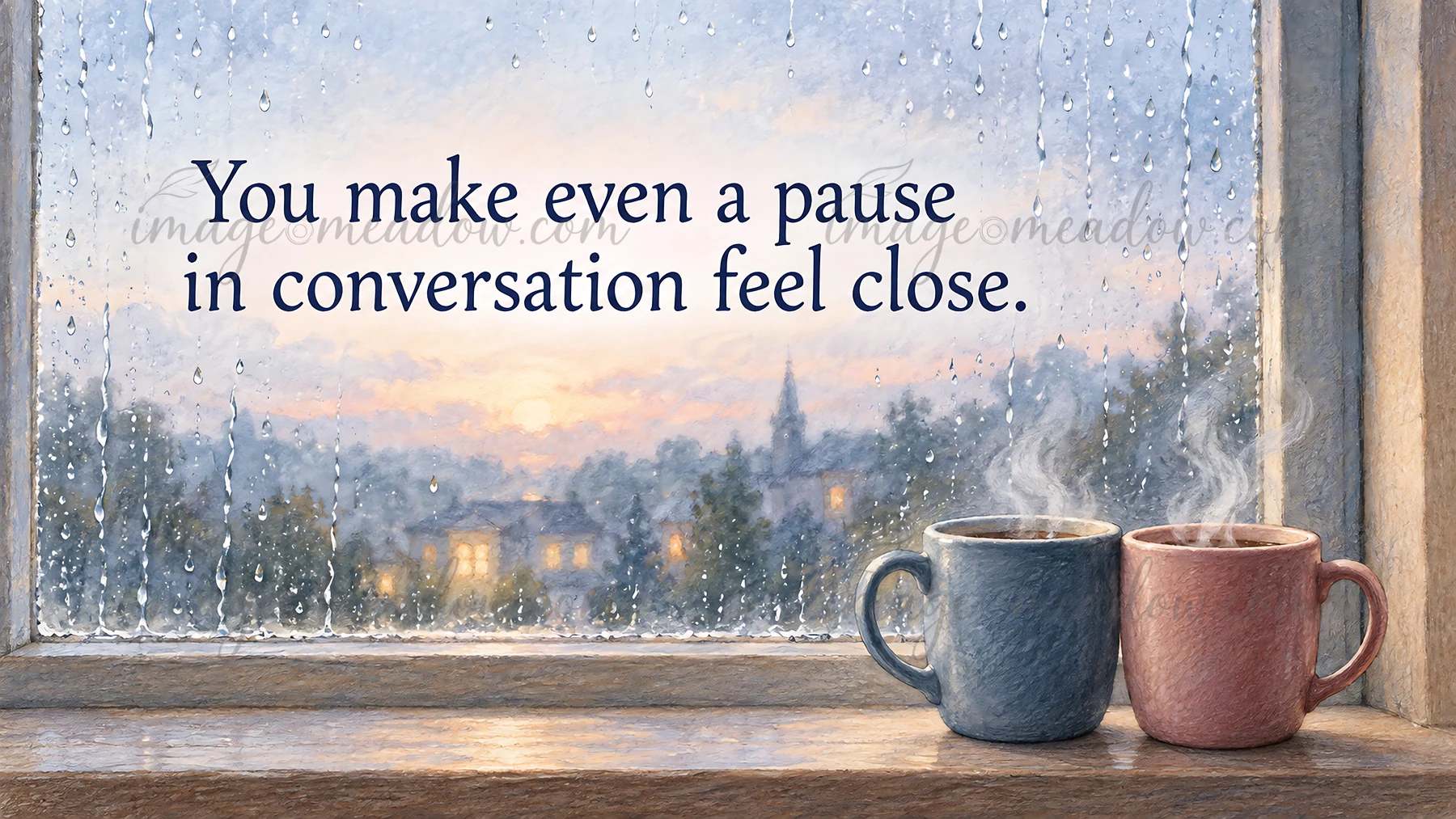 Romantic greeting illustration with the words “You make even a pause in conversation feel close.” Two steaming mugs sit on a windowsill beside a rain-streaked w