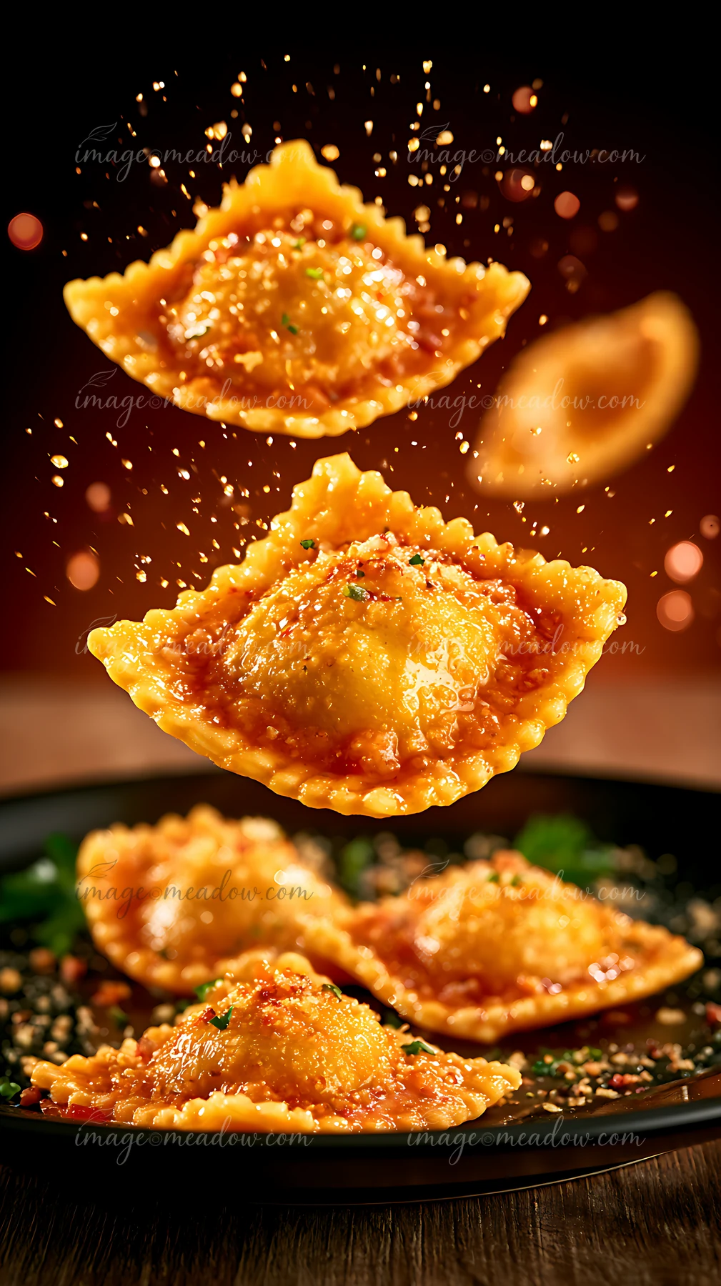 Ravioli is seen floating above a plate while sauce and herbs surround it.