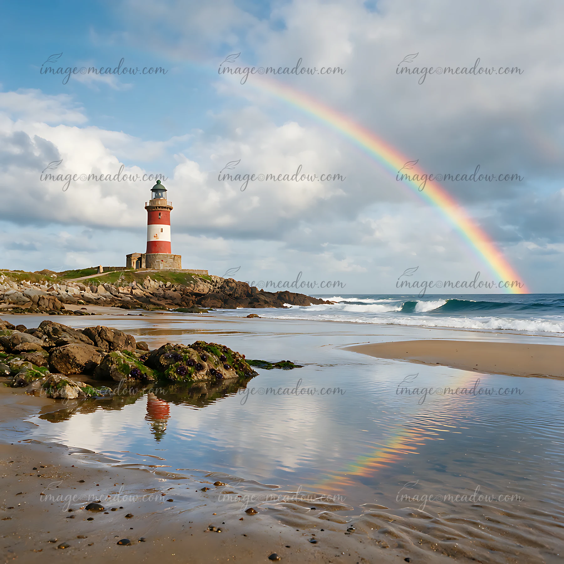 Red and white lighthouse beside a rocky ocean beach with a rainbow arching across the cloudy sky.