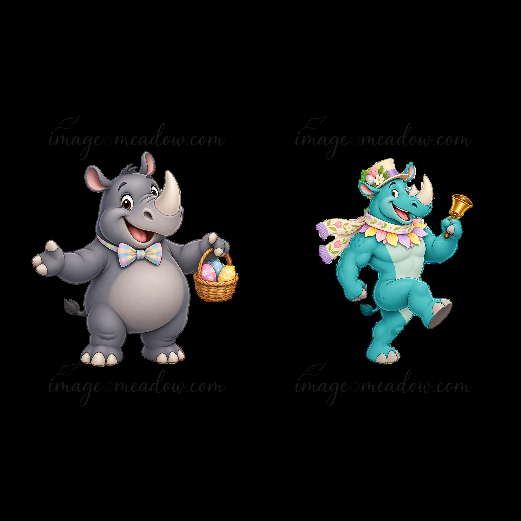 Two cartoon rhinoceroses are celebrating Easter. One is grey with a basket of colorful eggs and a bow tie. The other is blue with a bell, wearing a floral decor