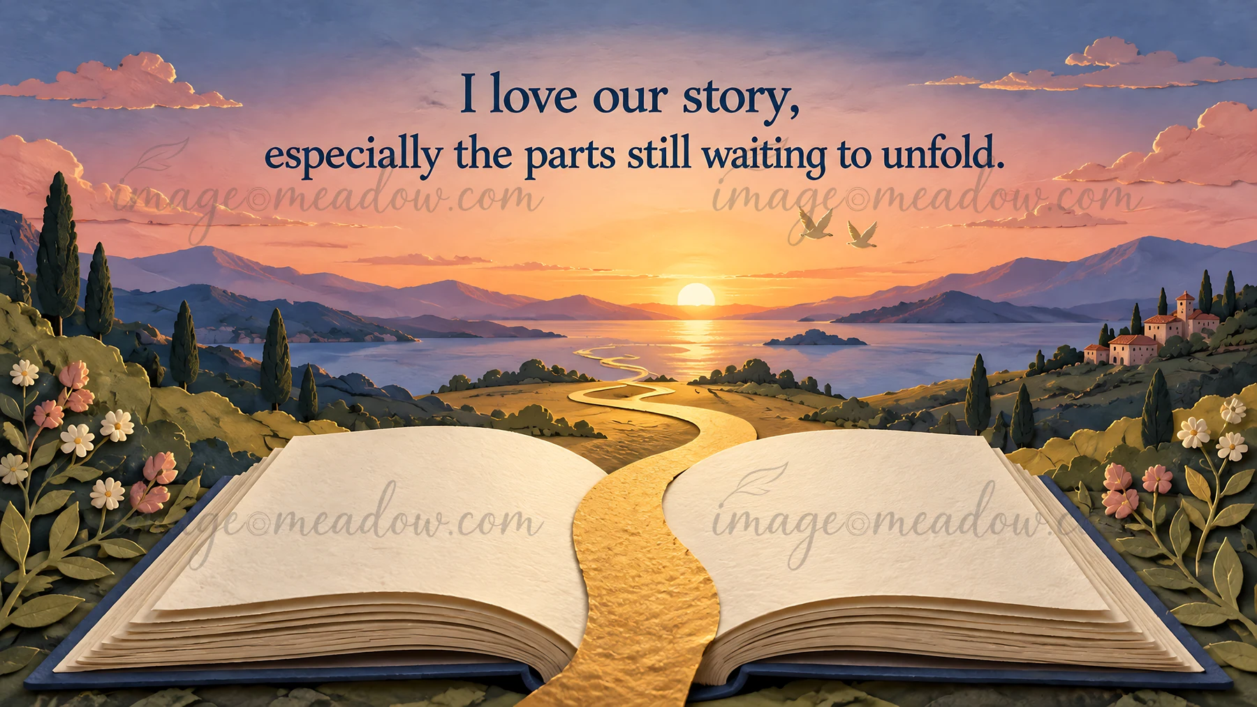 An open book with a golden path leading toward a sunset over the water, framed by mountains, flowers, birds and a distant village. The greeting reads, “I love o