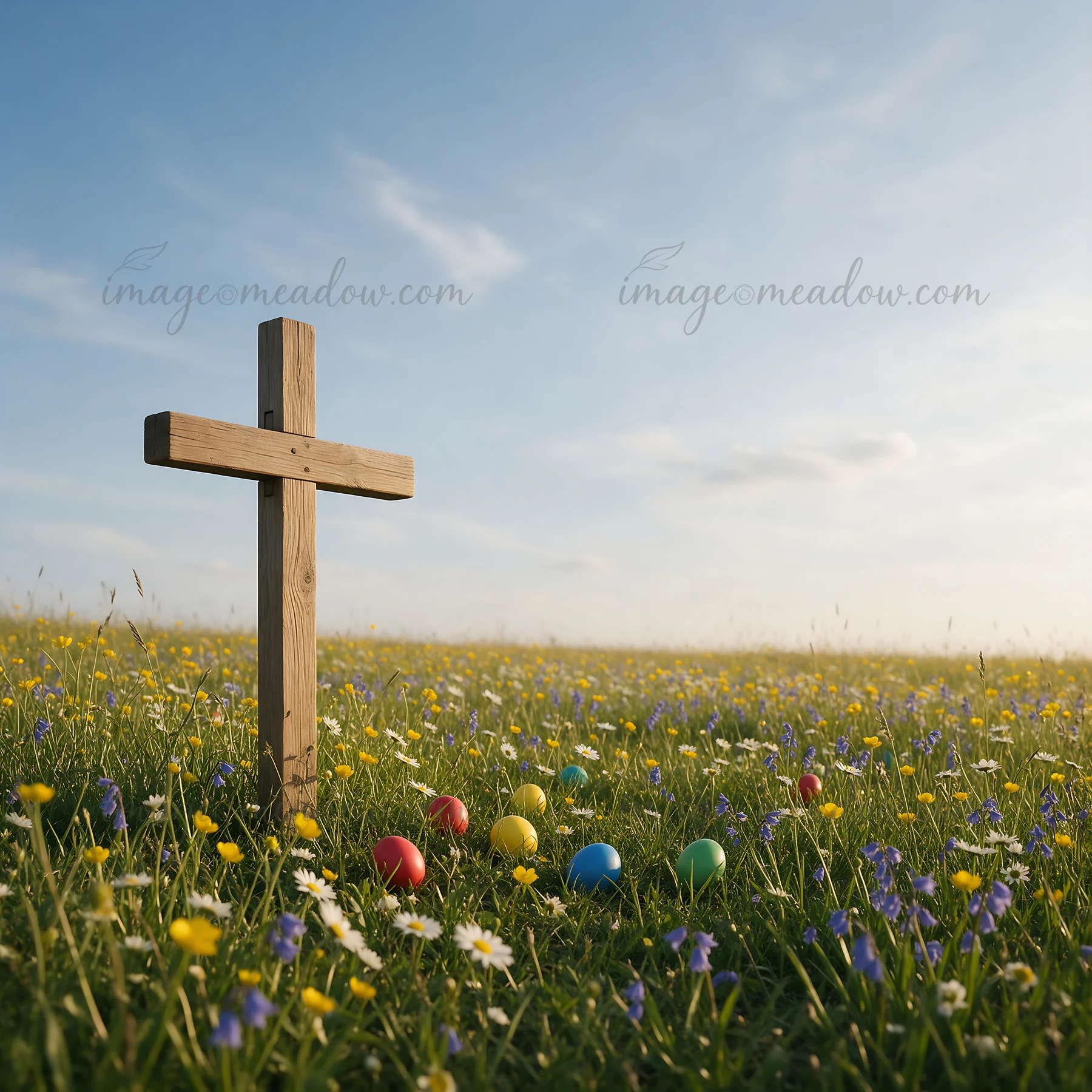 A wooden cross stands amid a spring meadow filled with wildflowers and colorful eggs. The sky is clear, highlighting the vibrant colors of nature. This scene ca