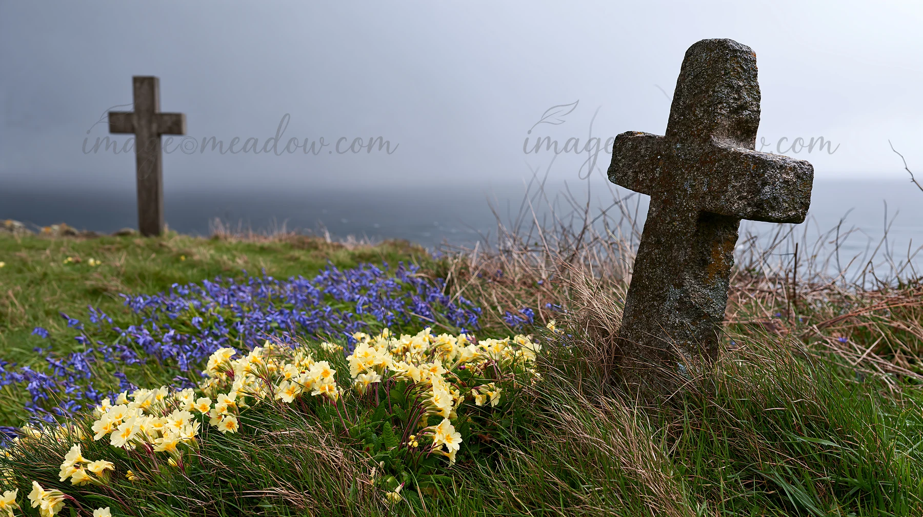 A rustic Christian cross stands among yellow and purple flowers in a winter meadow. The scene captures a coastal landscape under cloudy skies, highlighting natu