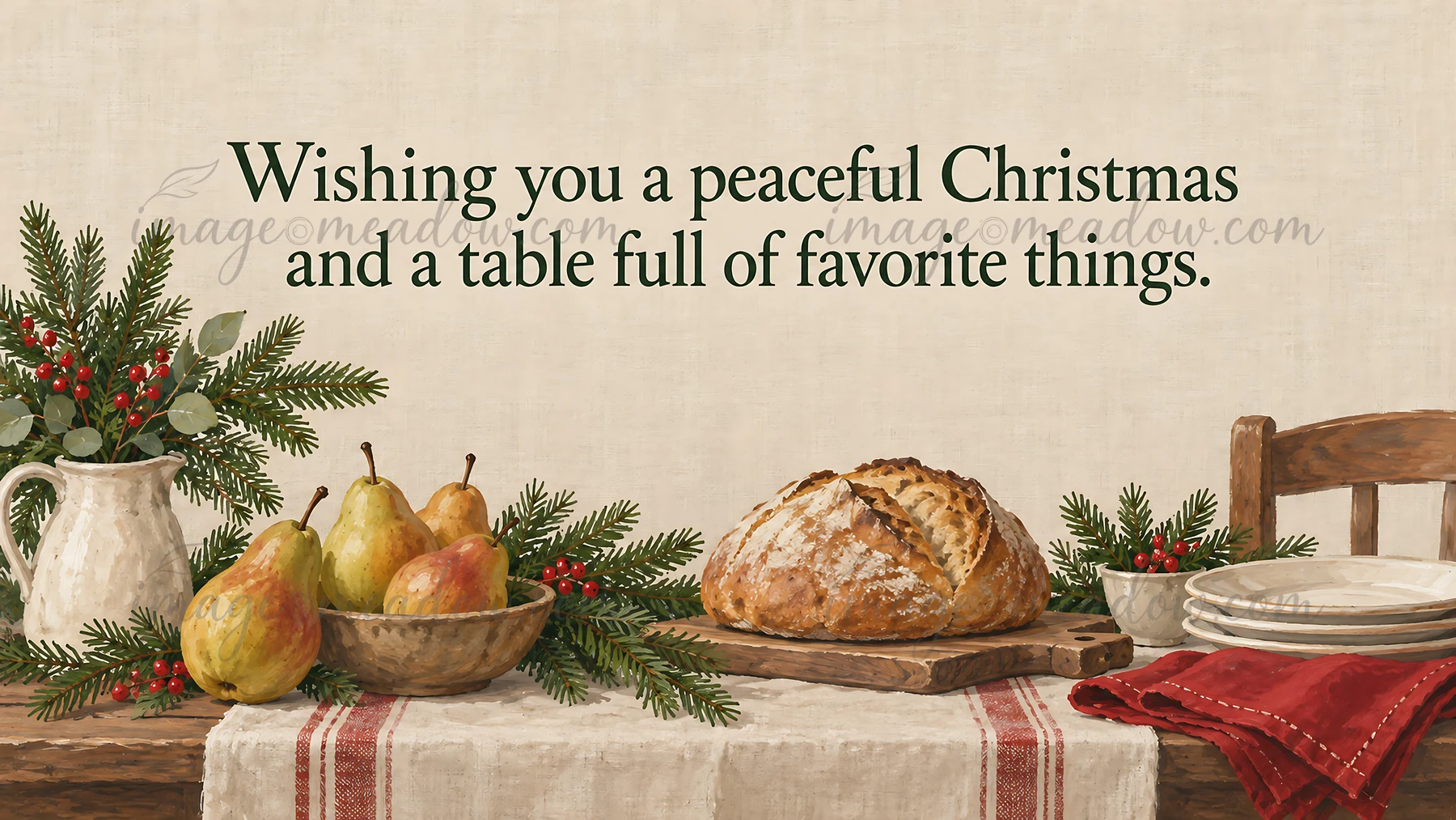 A rustic Christmas table illustration features bread, pears, evergreen branches with red berries, plates, a red napkin and a wooden chair beneath the greeting,