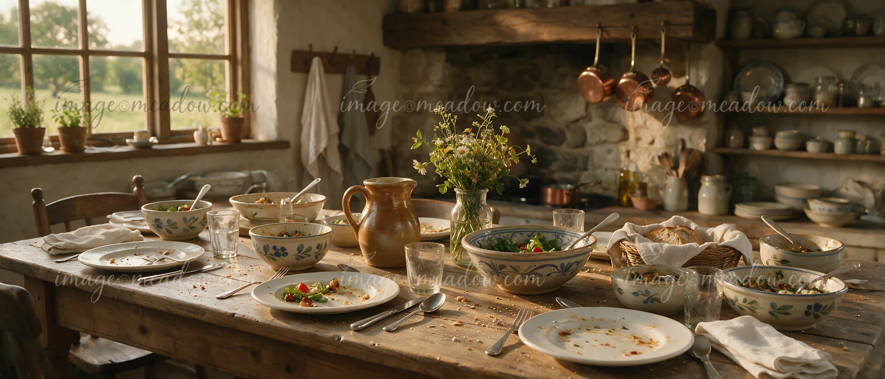 Rustic farmhouse buffet spread across a wooden table in a warm country kitchen with flowers, dishes, bread, and copper pans.