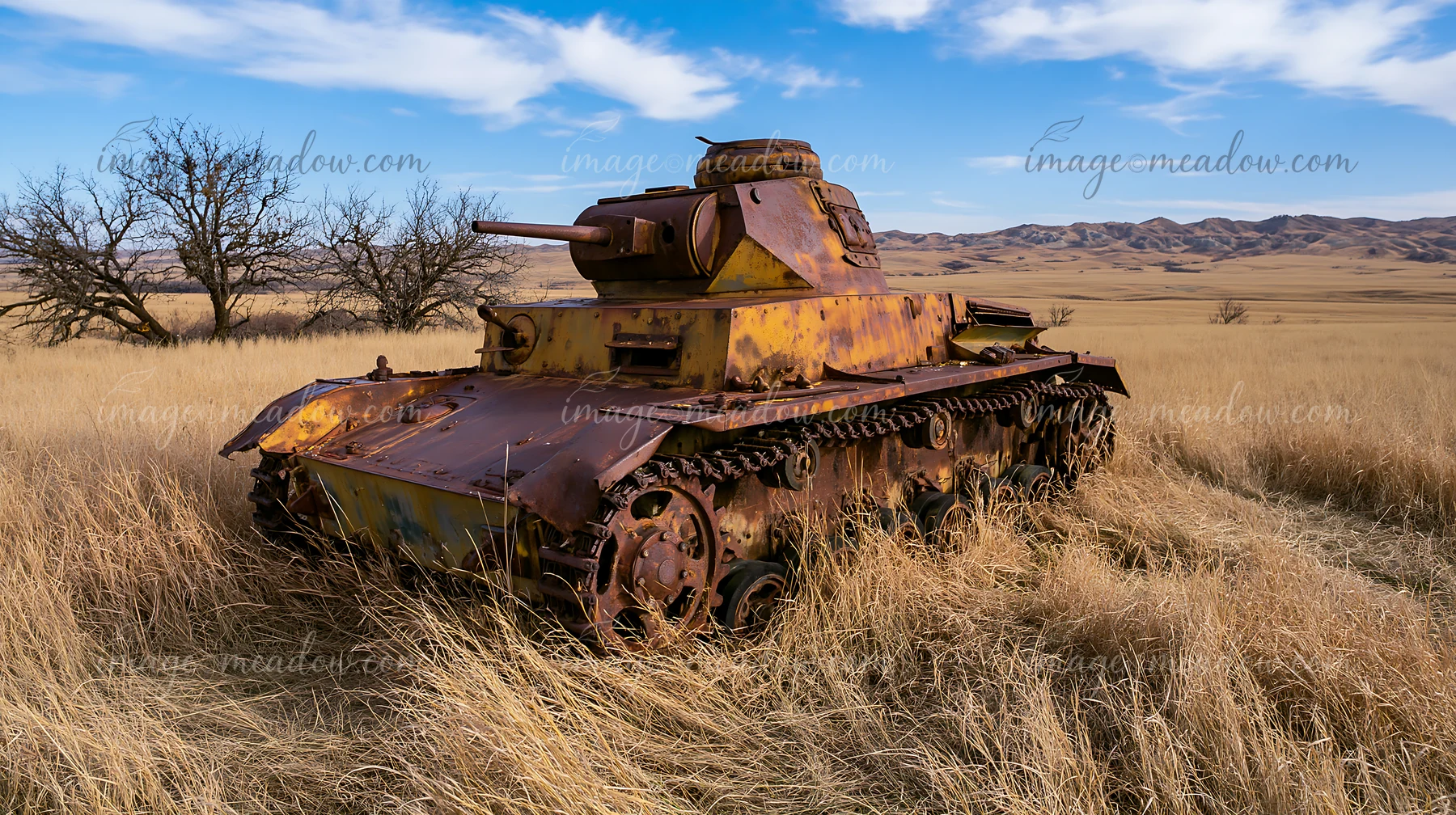 Rusty panzer tank surrounded by tall grass in a dry field beneath a blue sky and distant mountains.
