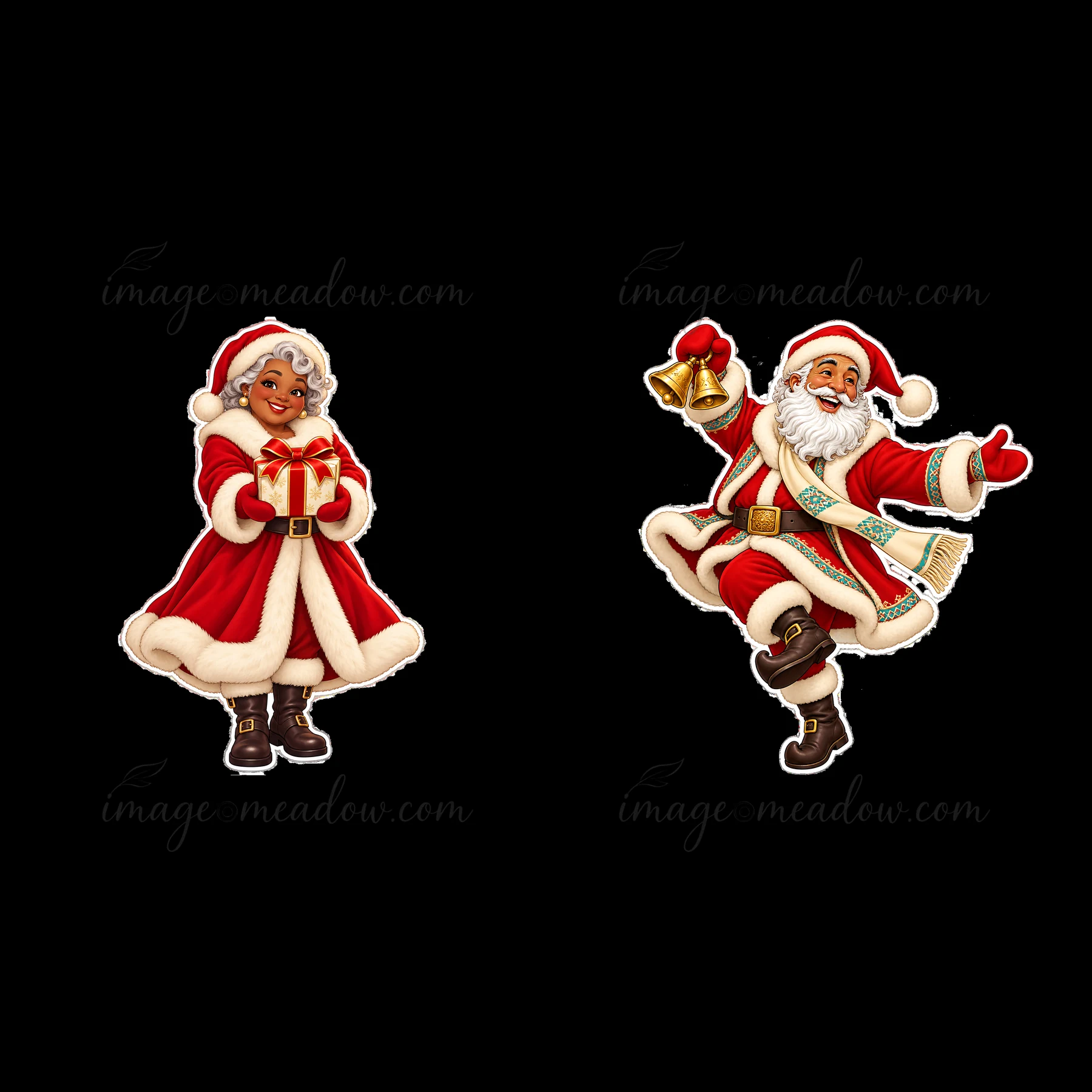 Santa Claus holds a bell and gestures joyfully, while Mrs. Claus presents a wrapped gift. Both are dressed in red outfits with white fur trim. They display fest