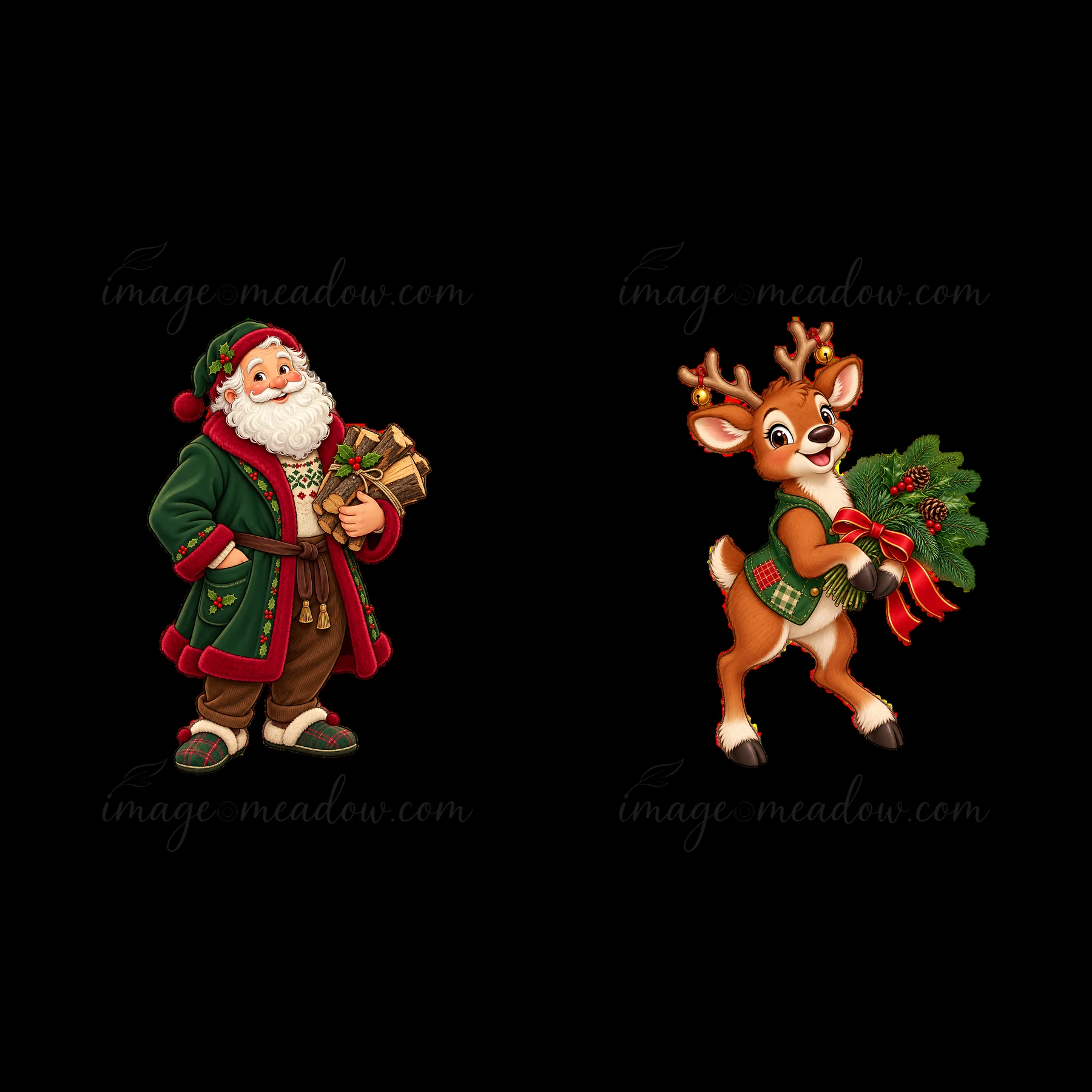 Santa Claus stands proudly holding presents while a cheerful reindeer carries festive greenery. The scene captures the spirit of Christmas with vibrant colors a