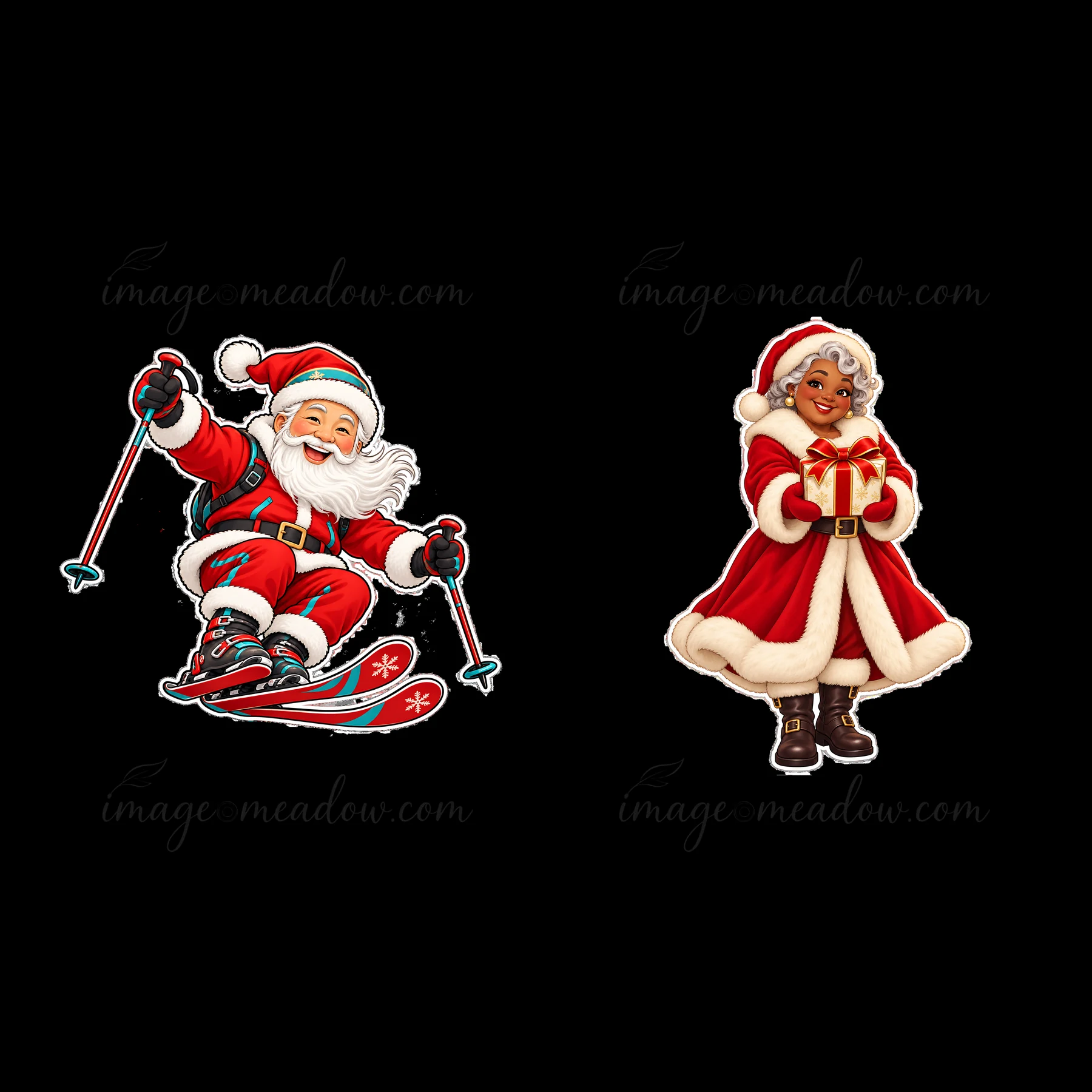 Santa Claus is skiing down a slope with a joyful expression, holding ski poles. Next to him, a woman in a red coat is smiling and holding a gift box. Both figur
