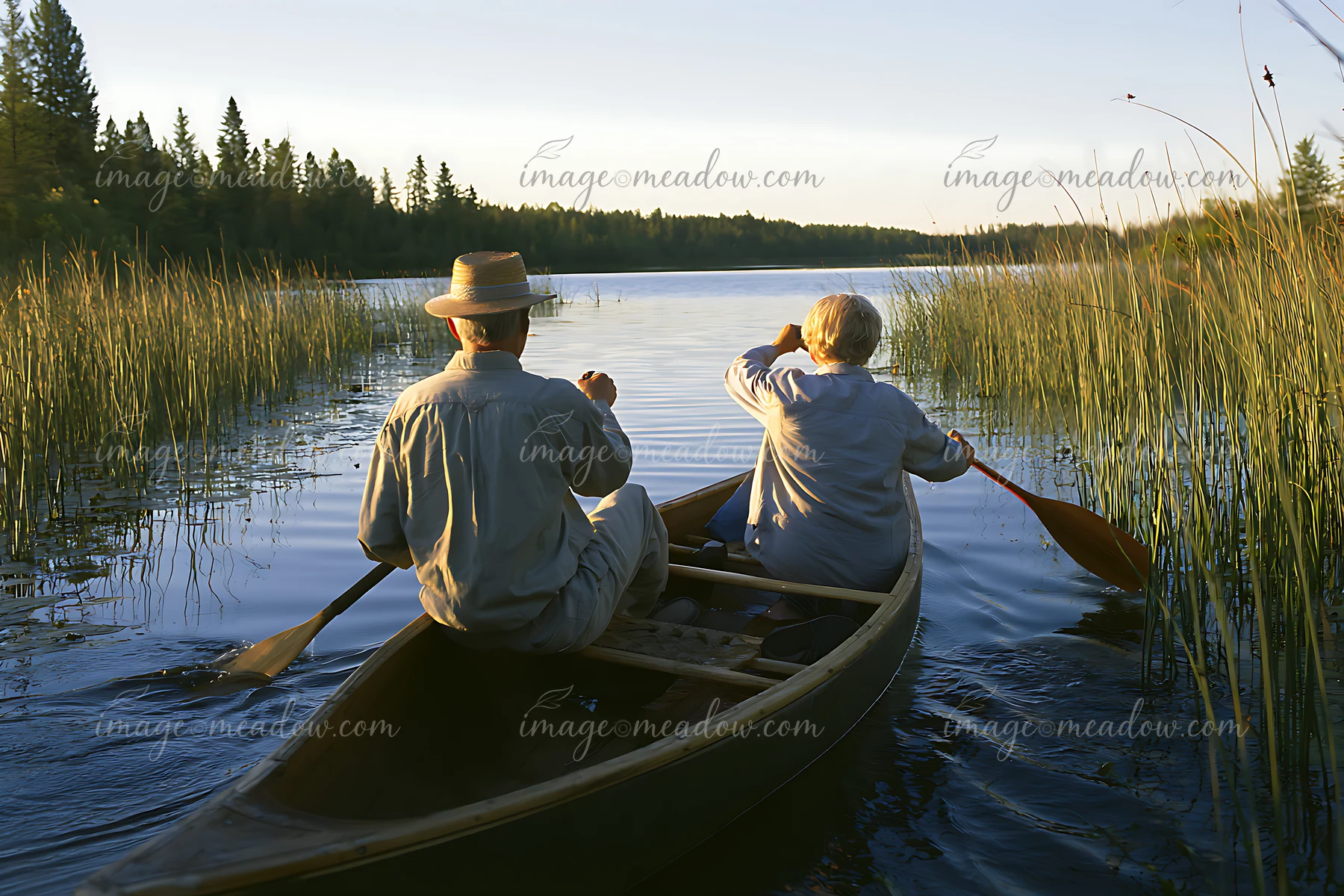Senior couple paddles a canoe through calm wetland water bordered by reeds and forest at sunset.
