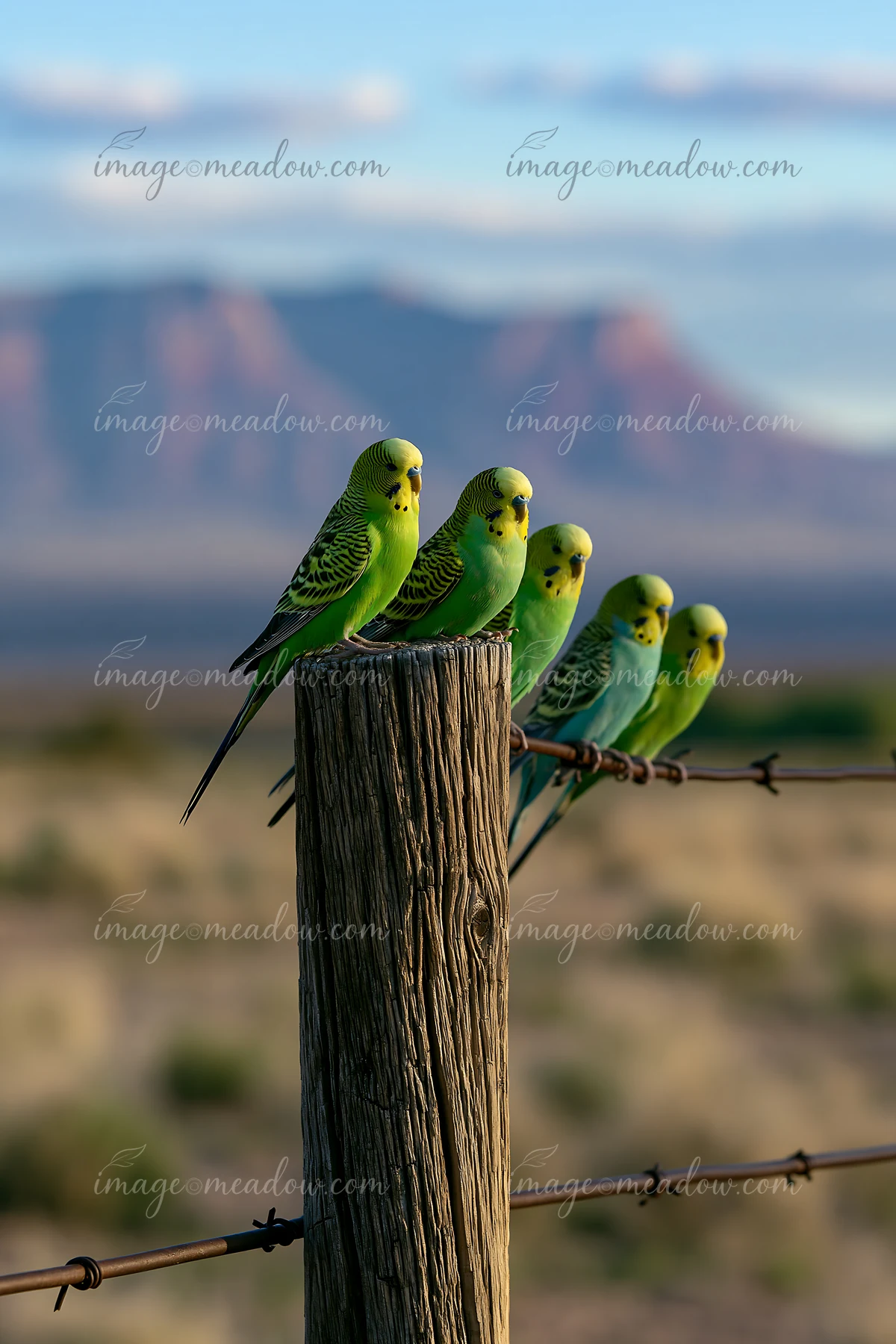 Several green and yellow budgerigars perch on a weathered wooden post and fence in a desert landscape.