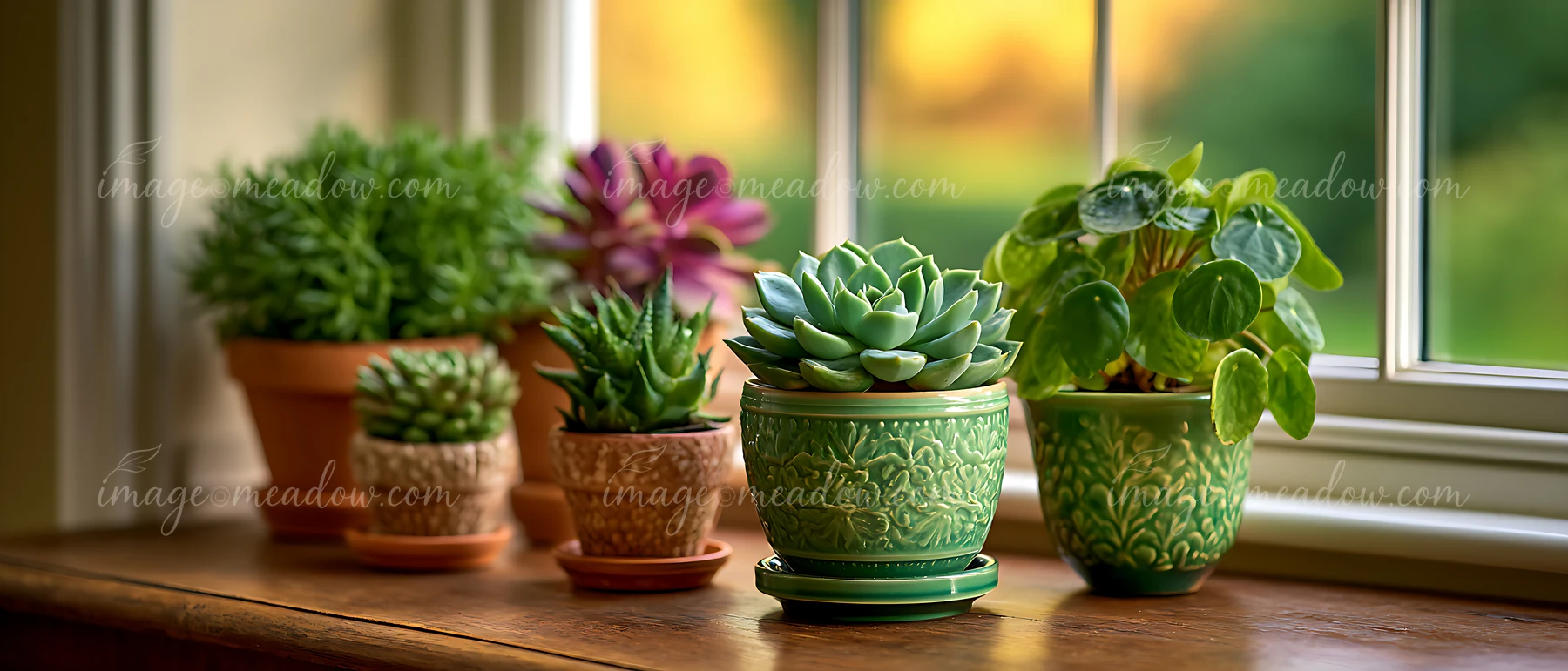 Several potted succulents and houseplants sit on a wooden windowsill, displaying various shapes and colors.