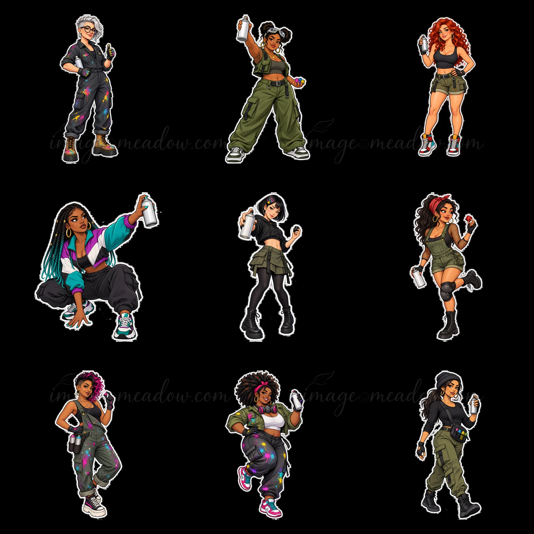 Nine cartoon women are depicted spray painting. Each woman shows a unique style with colorful outfits. The characters are in a 3x3 layout, showcasing diverse ex