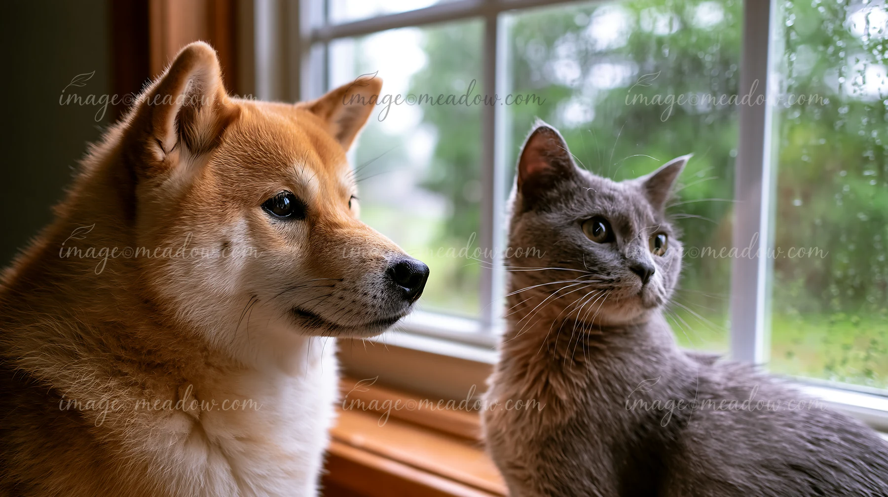 Shiba Inu and gray cat sit together beside a bright window inside a home.